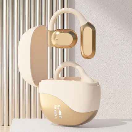 Front. RISOKEYS - Open Ear Bluetooth Earbuds, Lightweight Clip-On Bone Conduction, Noise Cancelling, for Travel Business, Off-white.