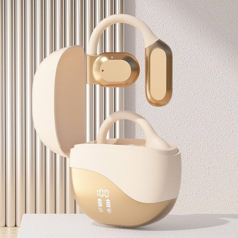 Front. RISOKEYS - Open Ear Bluetooth Earbuds, Lightweight Clip-On Bone Conduction, Noise Cancelling, for Travel Business, Off-white.