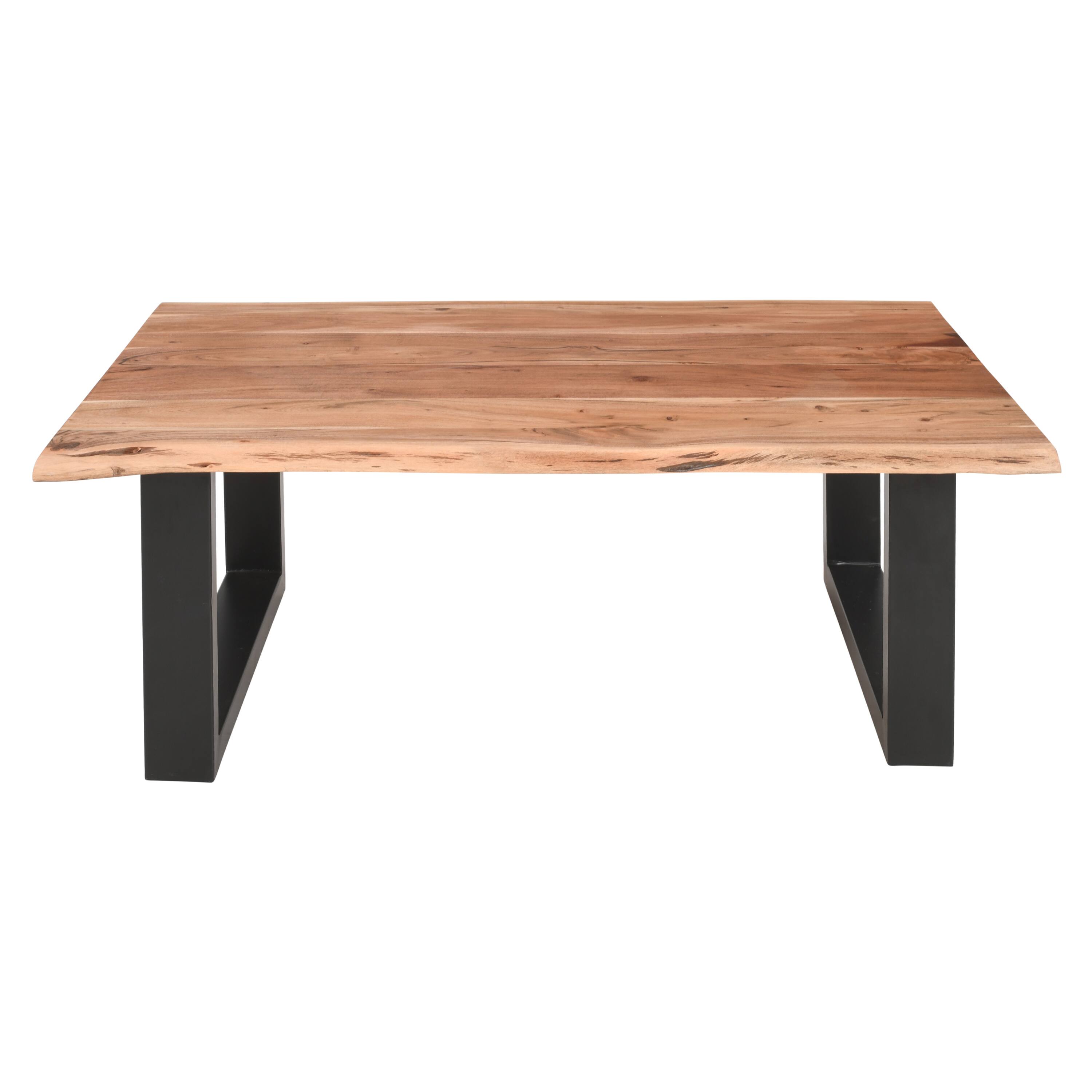 Alt View 1. Manhattan Lane - 45 Inch Acacia Wood Rectangular Coffee Table, Live Edge Details, Black Powder Coated Metal Sled Base - Natural Brown and Black.