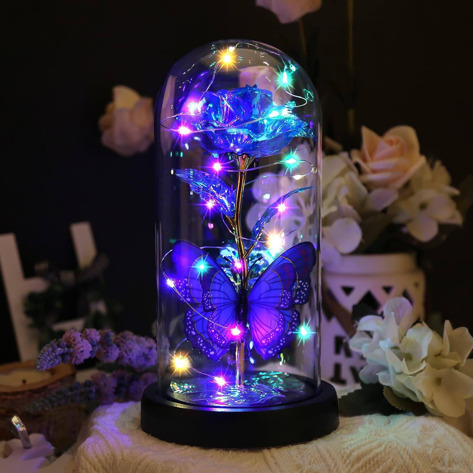 Alt View 1. Fabibe - Beauty And The Beast Rose Flower Gifts For Women Light Up Galaxy Gift Mom Crystal With Butterfly In Glass Dome - Red2.