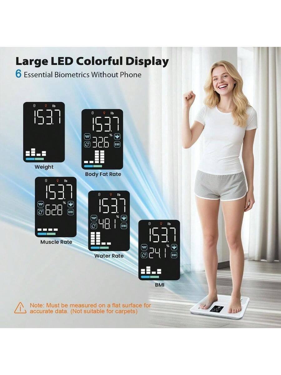 Large LED Colorful Display  
6 Essential Biometrics Without Phone  

Weight: 153.7 lb  
Body Fat Rate: 32.6%  
Muscle Rate: 62.8%  
Water Rate: 48.1%  
BMI: 24.1  

Note: Must be measured on a flat surface for accurate data. (Not suitable for carpets)