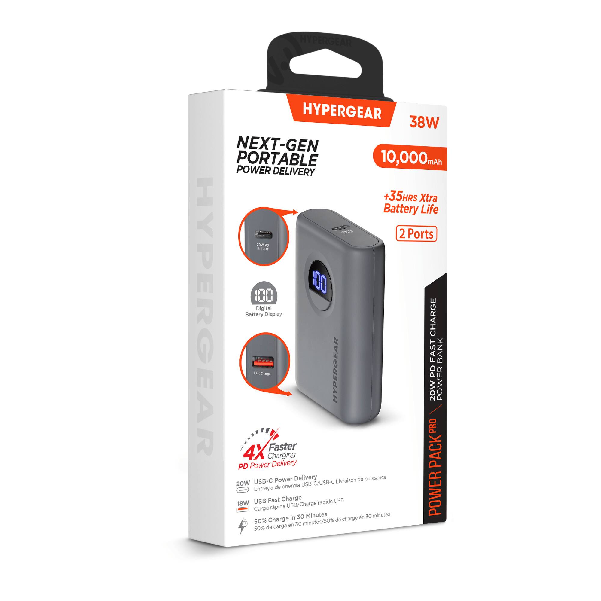 HYPERGEAR HYPERGEAR 38W NEXT-GEN PORTABLE 10,000mAh POWER DELIVERY +35HRS Xtra Battery Life - 2 Ports

- 100 Digital HYPERGEAR X Battery Display
- Faster HYPERGEAR PRO 20W PD FAST CHARGE POWER BANK PD 4X Power Charging Delivery PACK USB-C Power Delivery

- Livraison de 20W de puissance Usb-C/USB-C Entrega 10W Carga USB Fast rapida Charge USB/Charge Minutes rapide usa minutes
- POWER in 30 charge oF DE 50% Charge minutes/50% de carga