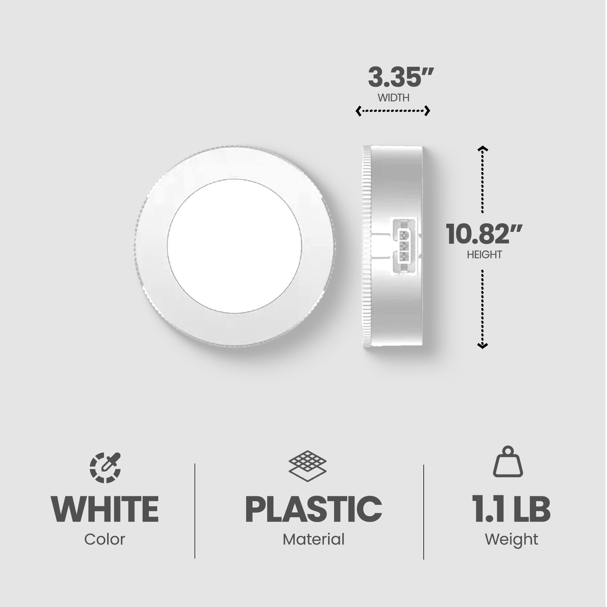 3.35" WIDTH  
10.82" HEIGHT  
WHITE  
PLASTIC Material  
1.1 LB Weight