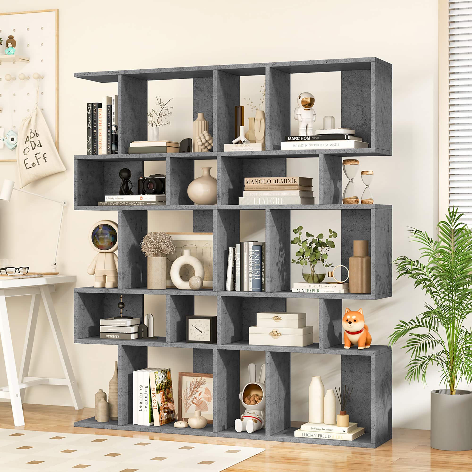 Gymax - 2 PCS 5 Cubes Ladder Shelf Freestanding Bookshelf Display Rack Bookcase Grey - Gray