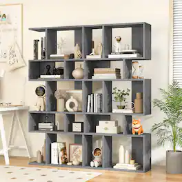 Gymax - 2 PCS 5 Cubes Ladder Shelf Freestanding Bookshelf Display Rack Bookcase Grey - Gray