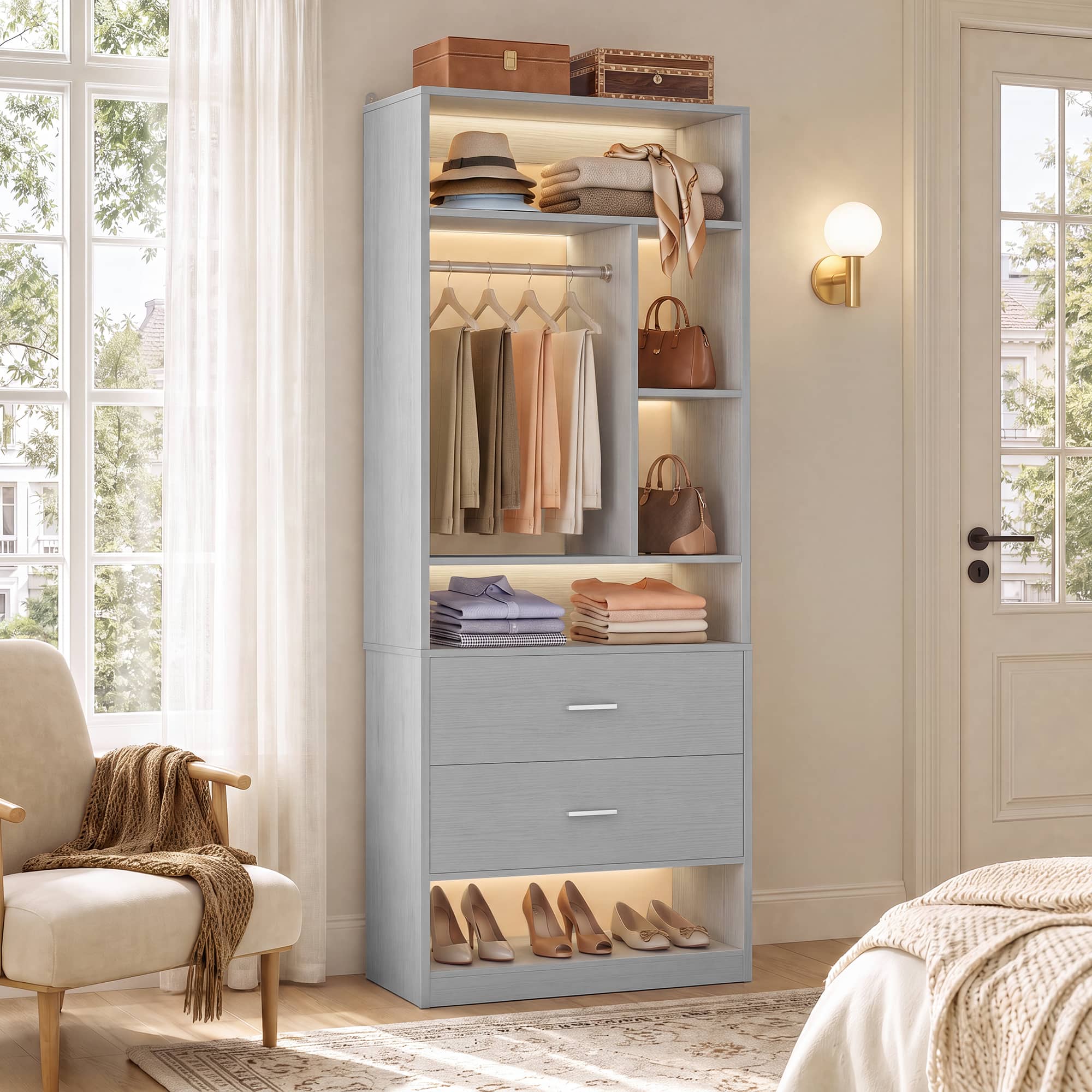 Aheaplus - Freestanding 24" Closet System with 2 Drawers, 6 Shelves & Hanging Rod - Small Walk-in Organizer - Gray
