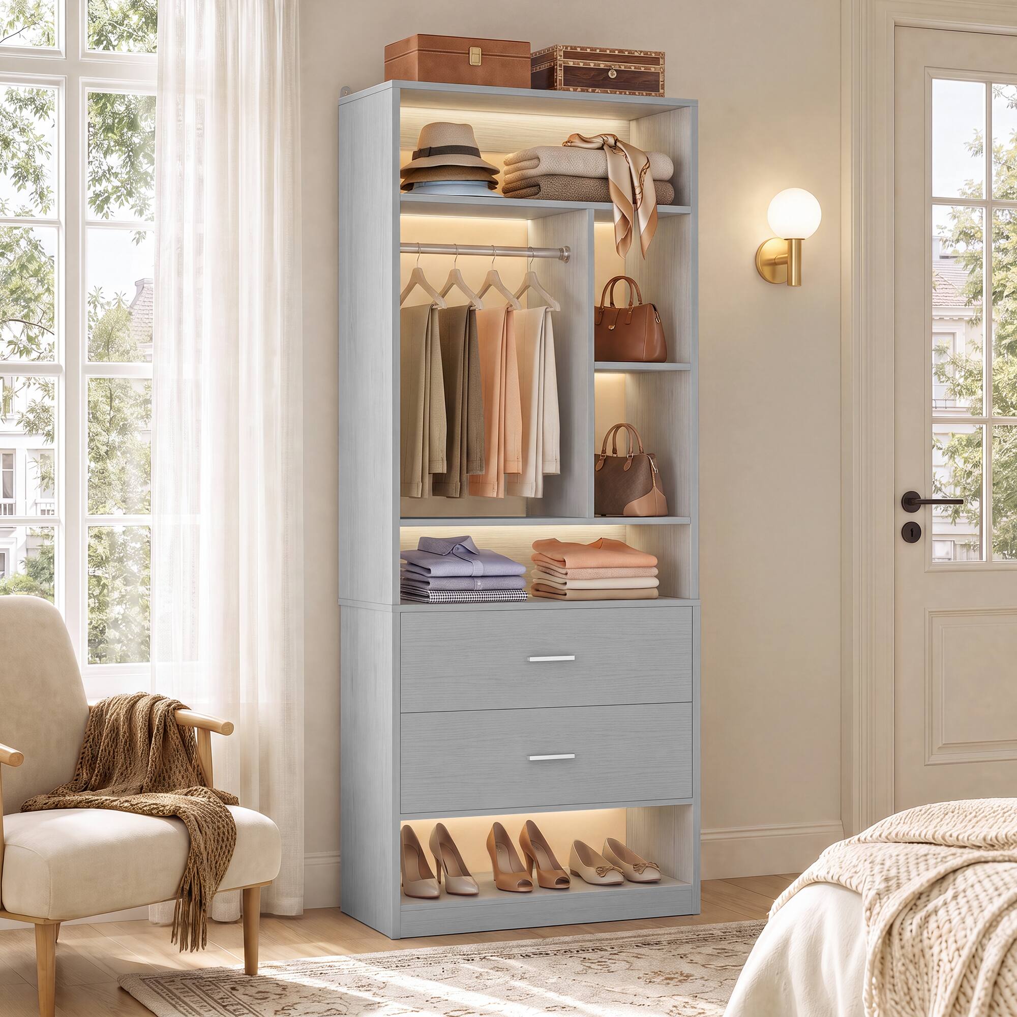 Aheaplus - Freestanding 24" Closet System with 2 Drawers, 6 Shelves & Hanging Rod - Small Walk-in Organizer - Gray