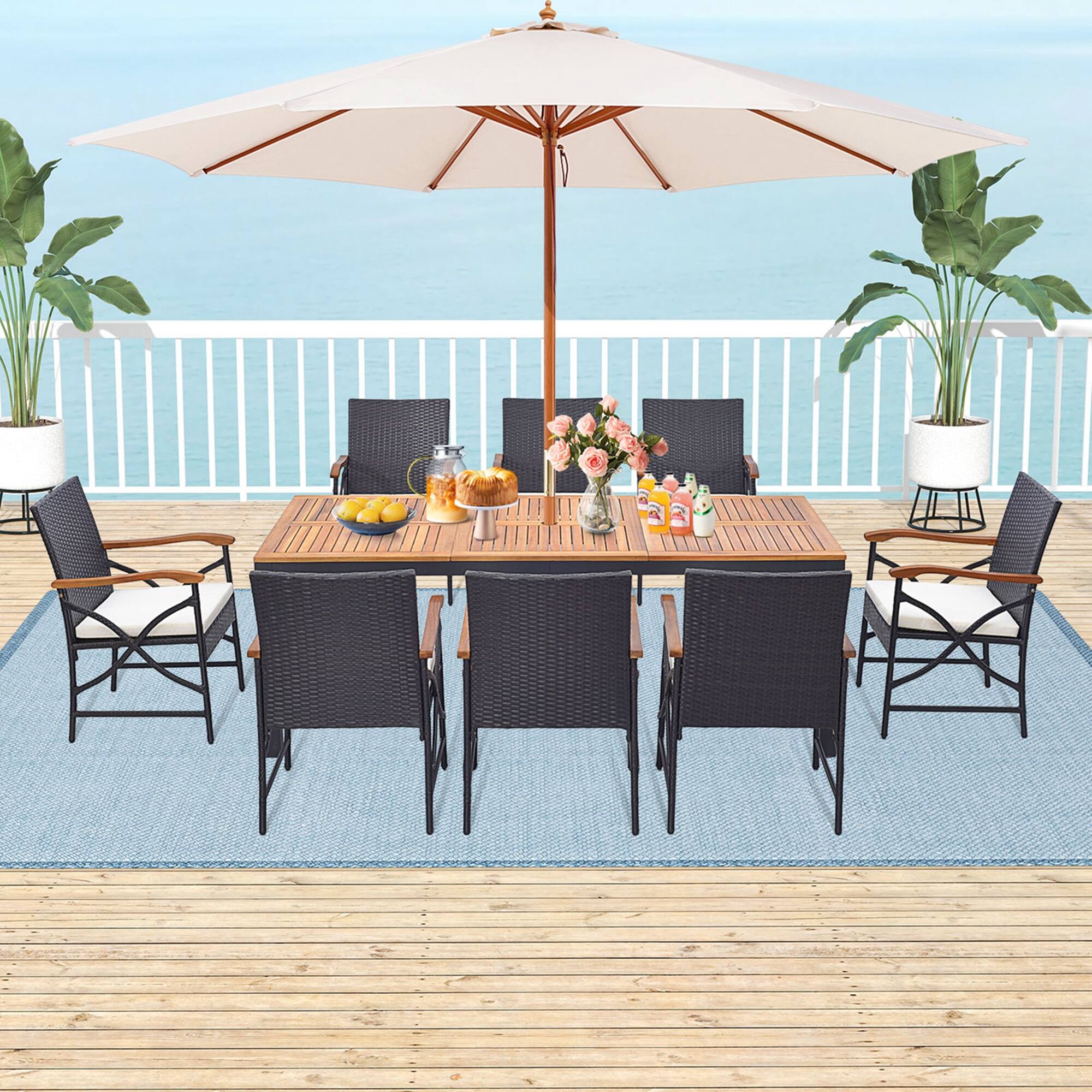 Angle. Costway - 9 PCS Patio Rattan Dining Set with Acacia Wood Table, Cushions, 1.9" Umbrella Hole - Mix Brown + Off White.