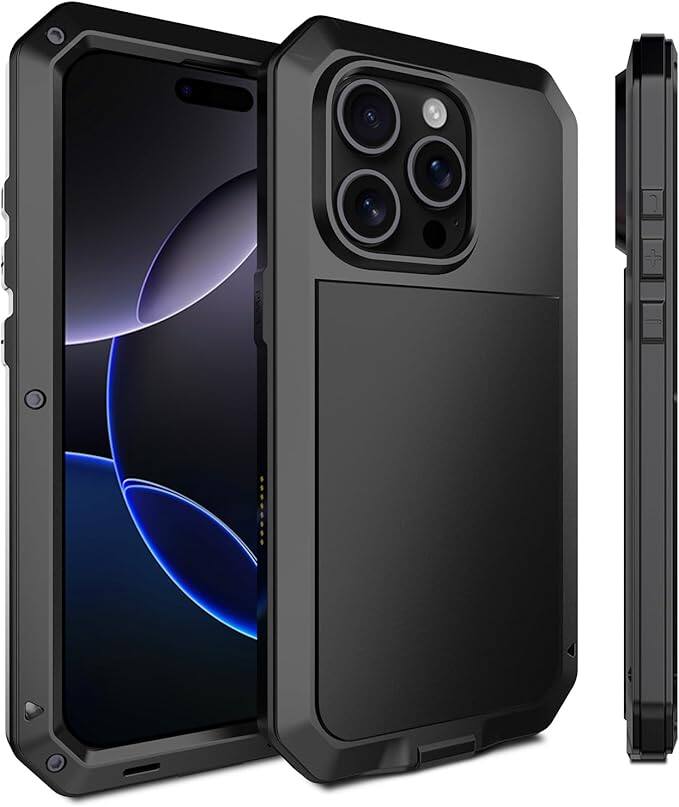 Angle. Gravity Ridge - for iPhone 13 Metal Case 360 Full Body Protective Cover with Silicone Built-in Screen Aluminum Alloy Phone Case - Black.