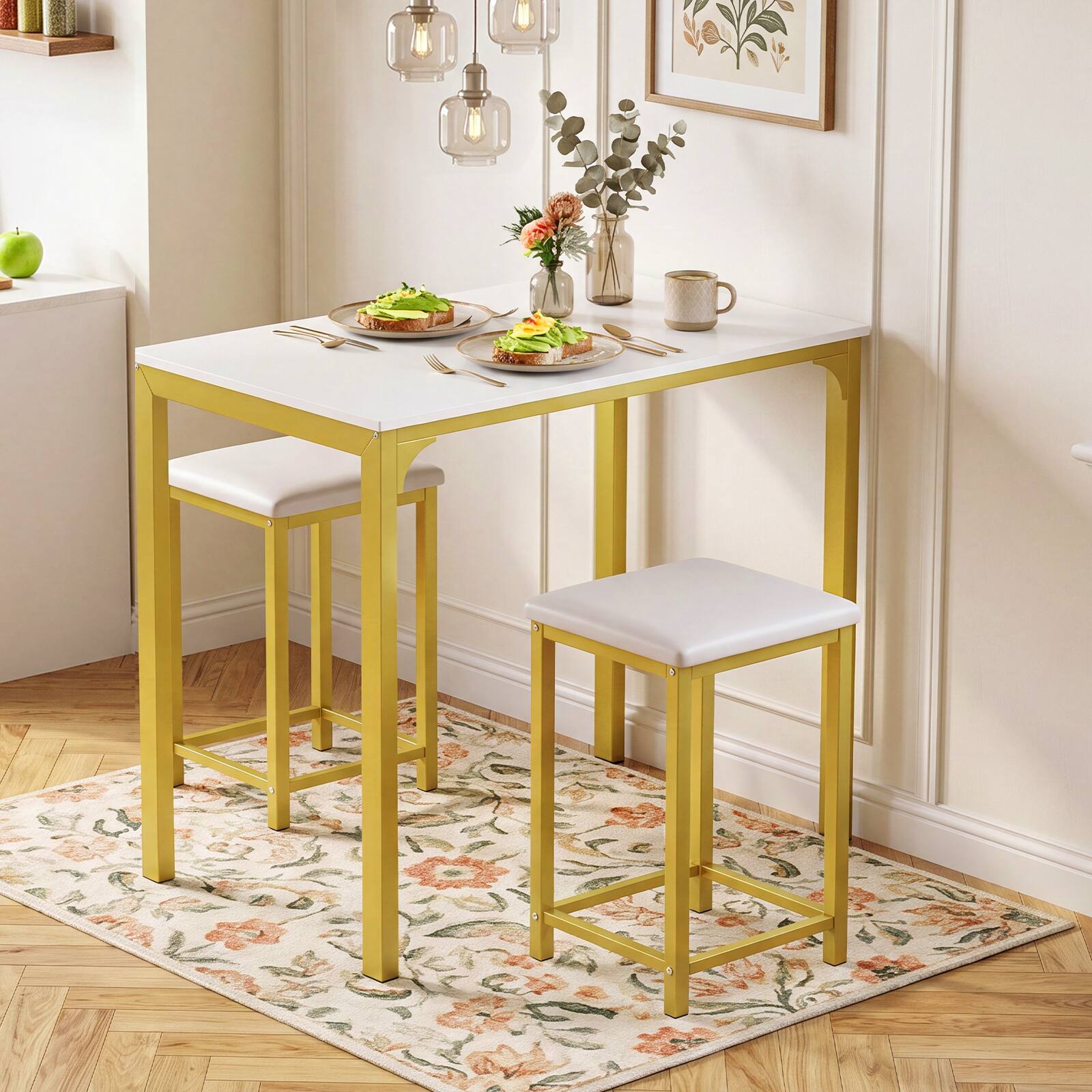 Alt View 1. Gymax - Gymax 3 PCS Counter Height Dining Set Faux Marble Table & 2 Chairs Kitchen Bar New White - White.