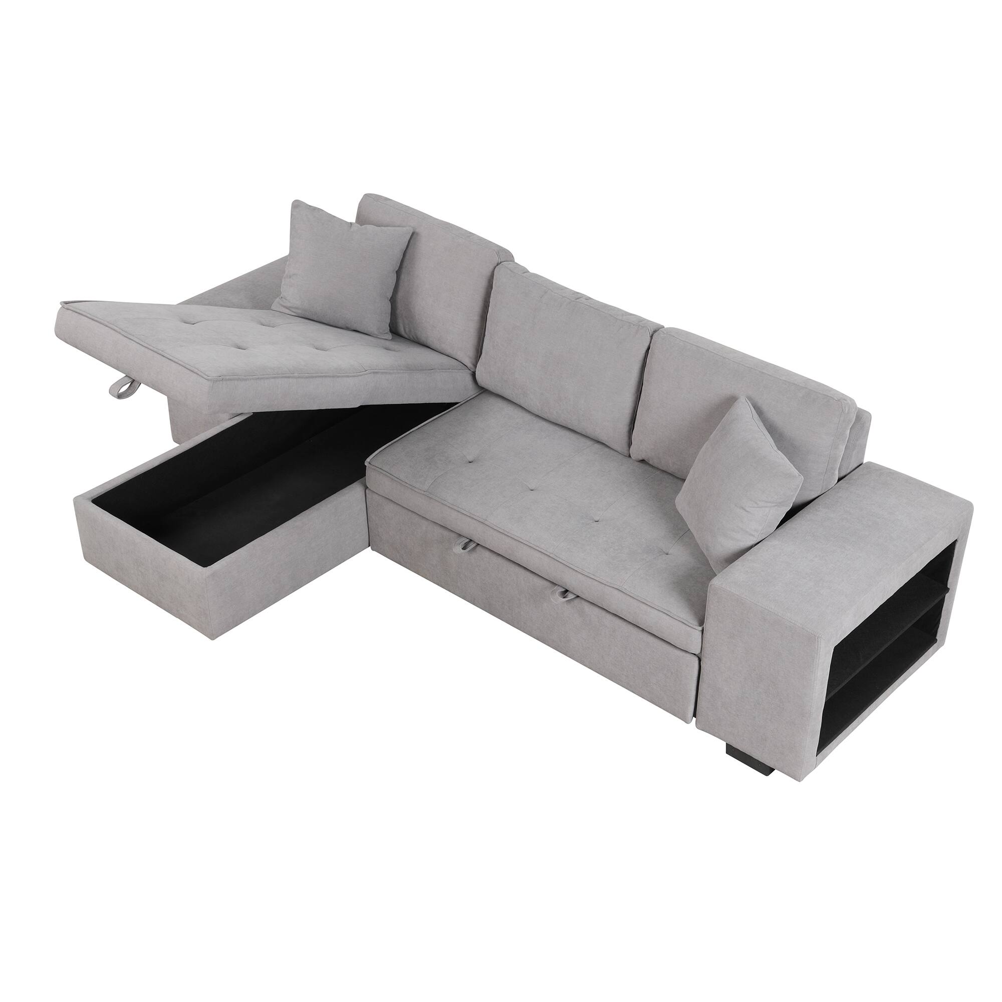 Alt View 1. LUCKY ONE - 104.5" L-Shape Reversible Pull-Out Sleeper Sectional Sofa with Storage Chaise & 2 Stools - Gray.