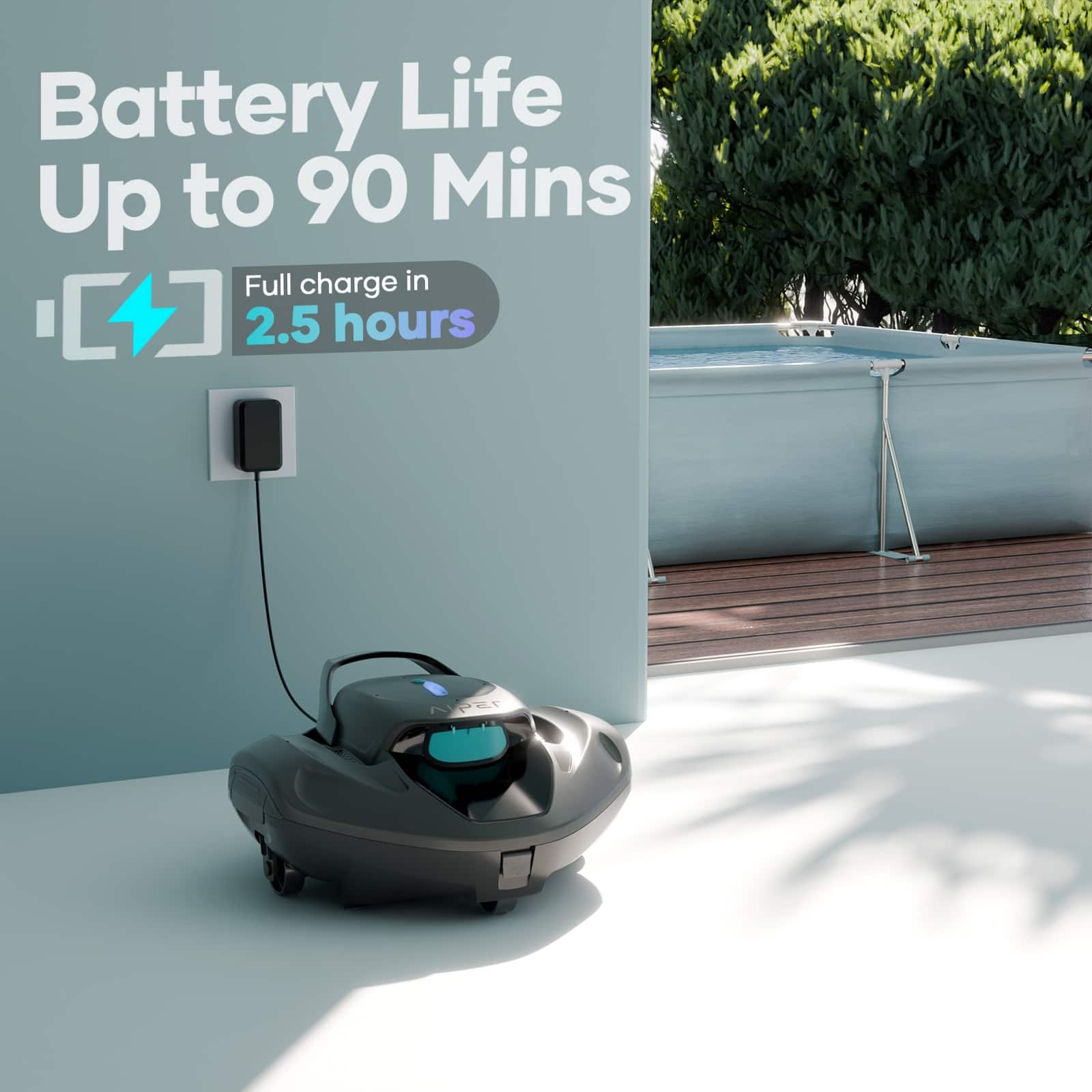 Battery life up to 90 minutes. Full charge in 2.5 hours.