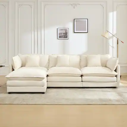 Front. KERDOM - Deep Seat Sectional 3 Seat Sofa Set with 1 Ottoman Movable & Pillows, Sleeper Sofa Bed Chaise Longue L Shaped Couch - Beige.