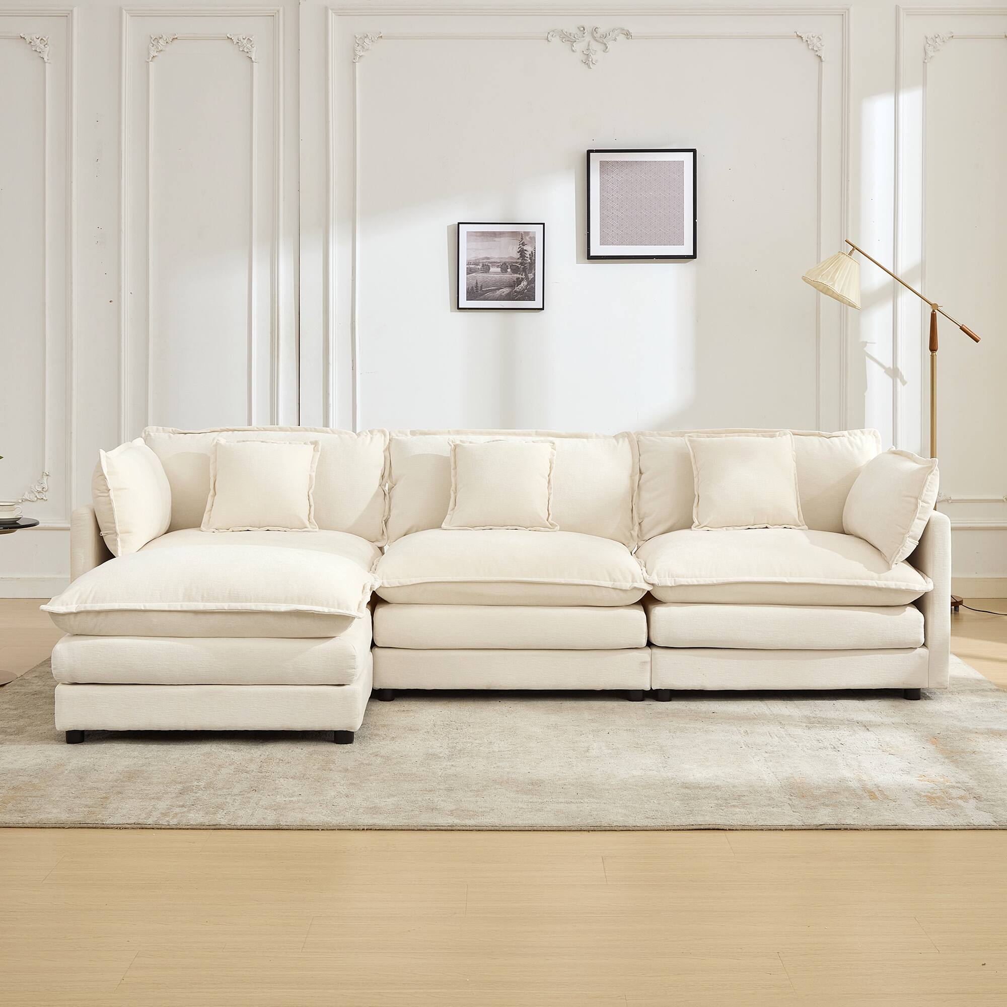 Front. KERDOM - Modular 3 Seat Sofa Set with 1 Ottoman&Pillows, Sleeper Sofa Bed Chaise Longue Anti-Cat Scratch Chenille L Shaped Couch - Beige.
