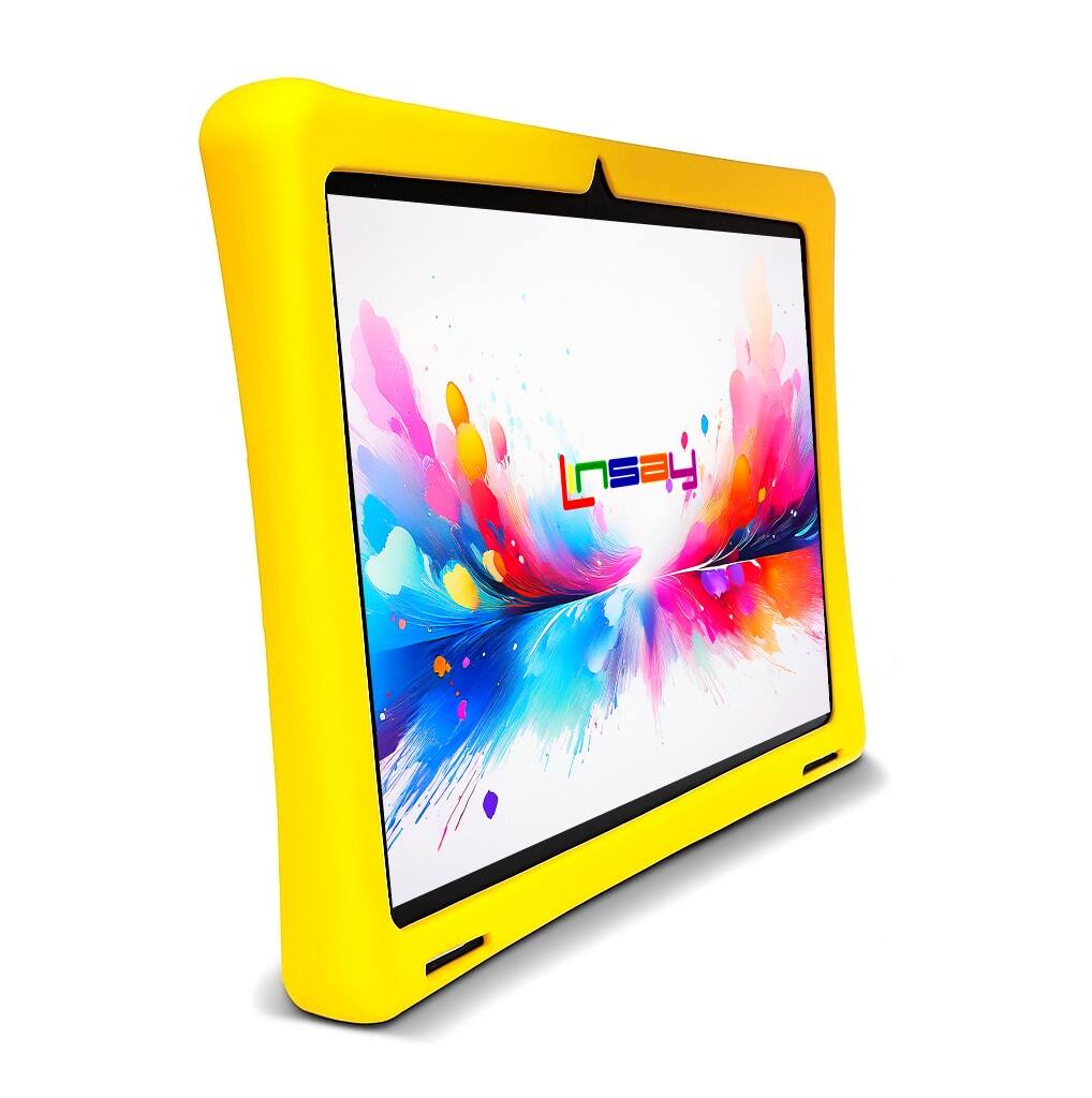 Left. LINSAY - 10.1"Octa Core 256GB Storage Android 15 Tablet with Yellow Kids Defender Case and LED Backpack Yellow - Yellow.