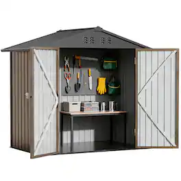 CloudRest Pro - 6 x 4 FT Outdoor Storage Shed Lockable Doors Tool Sheds with Sloping Roof Steel Garden Shed - Brown