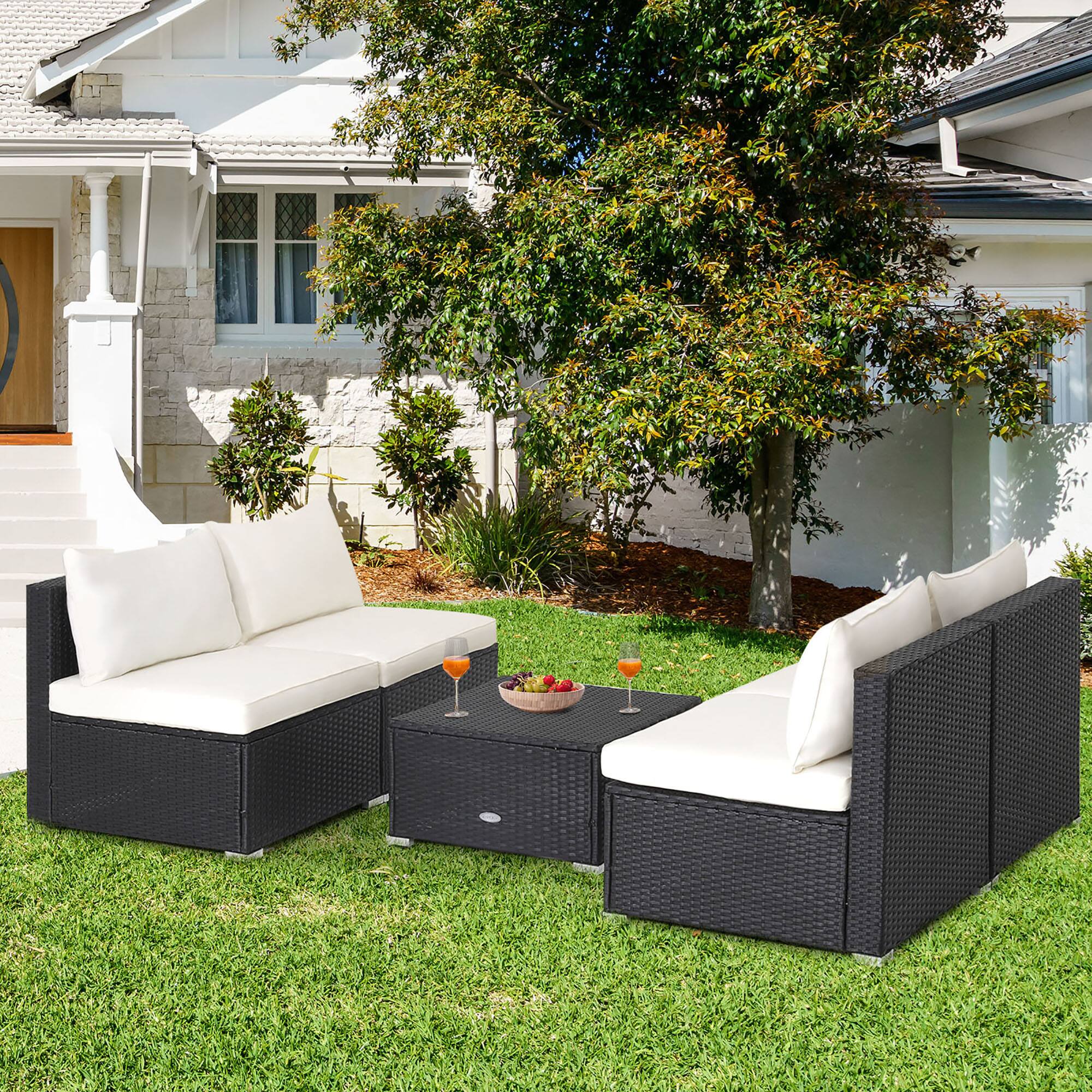 Alt View 3. Gymax - Gymax 5PCS Patio Outdoor Rattan Sofa Conversation Set w/ Seat & Back Cushions Off White - Off White.