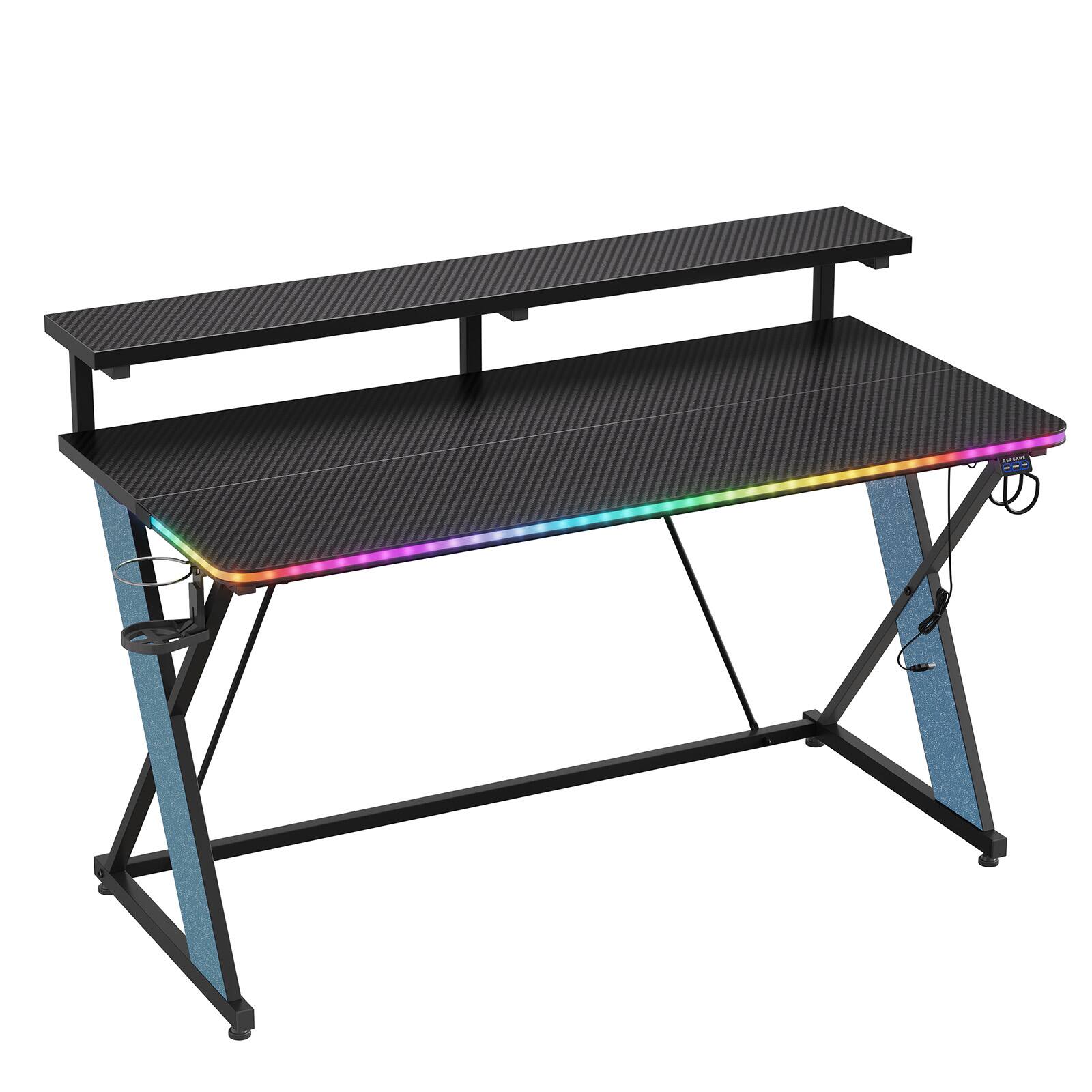 Alt View 7. RSPGAME - 47" RGB Gaming Desk with Monitor Stand, Cup Holder & Headphone Hook - Black&Blue.