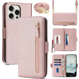 Dteck - For Apple iPhone 16 Pro Max Shockproof Leather Zipper Flip Wallet Case With Mirror and Crossbody Strap - Rosegold