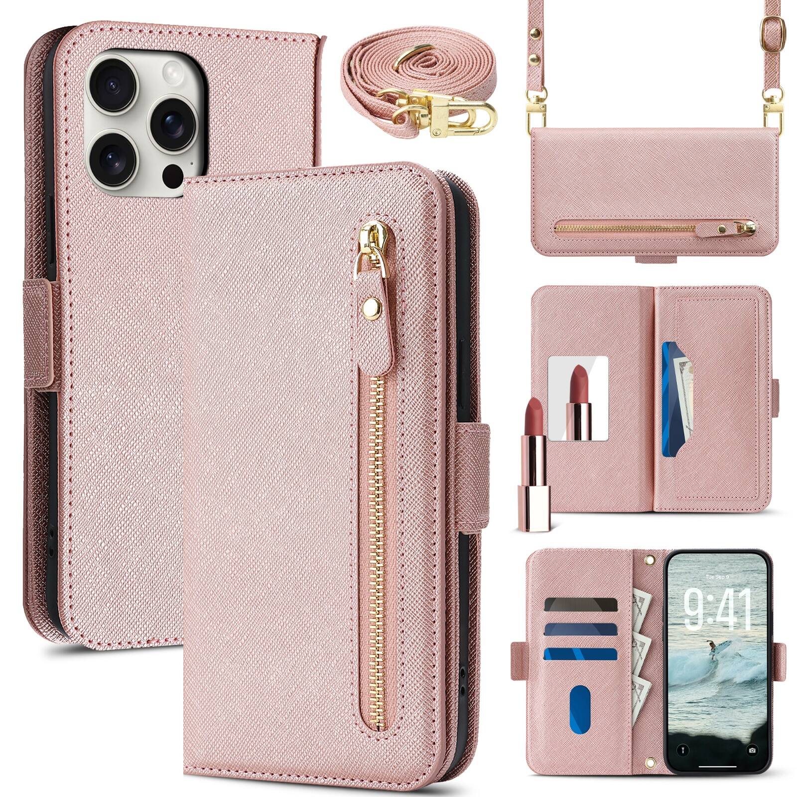 Front. Dteck - For Apple iPhone 16 Pro Max Shockproof Leather Zipper Flip Wallet Case With Mirror and Crossbody Strap - Rosegold.