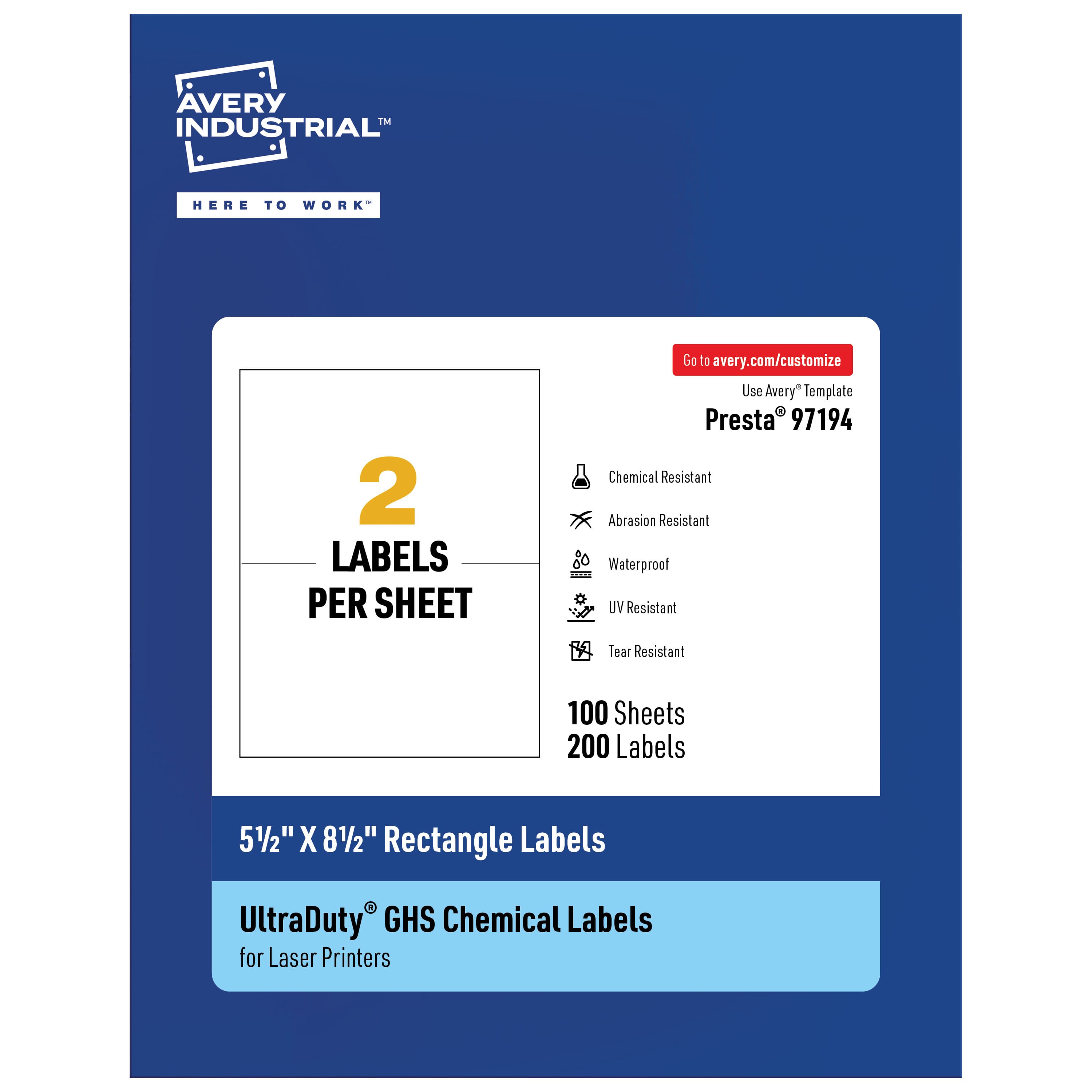 Avery - UltraDuty GHS Labels 5-1/2" X 8-1/2", 200 Ct, Laser Printer - White