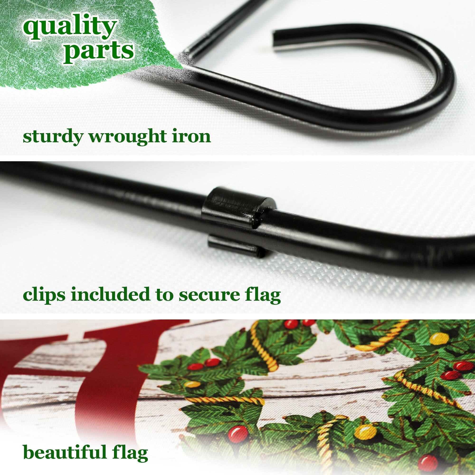 quality parts  
sturdy wrought iron  
clips included to secure flag  
beautiful flag