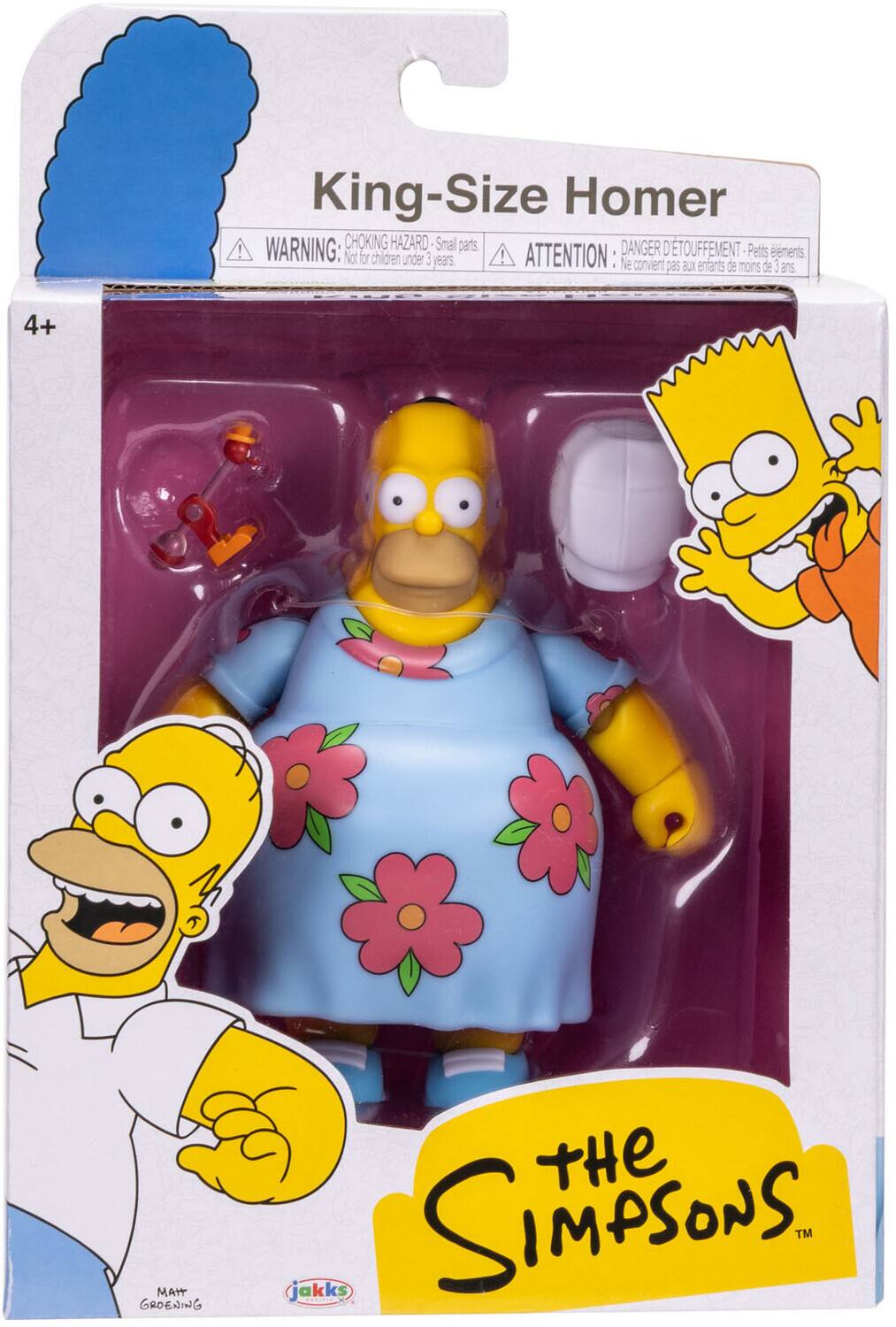 King-Size Homer  
WARNING: CHOKING HAZARD Small parts  
DANGER D'ETOUFFEMENT ! Not for children !  
ATTENTION: Petits éléments. Ne convient pas aux enfants de moins de 3 ans  
4+  
MATT GROENING  
THE SIMPSONS™  
THE JAKKS