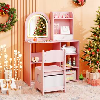 pink dressing table with mirror KULAGAGA Vanity Set with Lighted Mirror, Girls Makeup Vanity Table with 5 Drawers, Shelves and Stool, Pink
