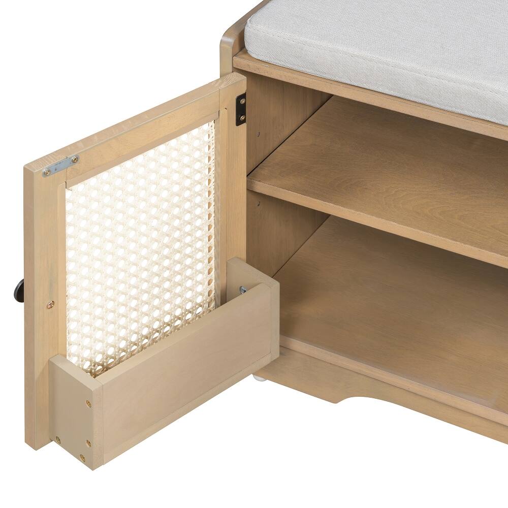 Alt View 1. Ropilly - Ropilly Rustic Storage Bench with Cushion, Woven Rattan Entryway Shoe Bench with Adjustable Shelves for Hallway, Brown - Brown+Beige.