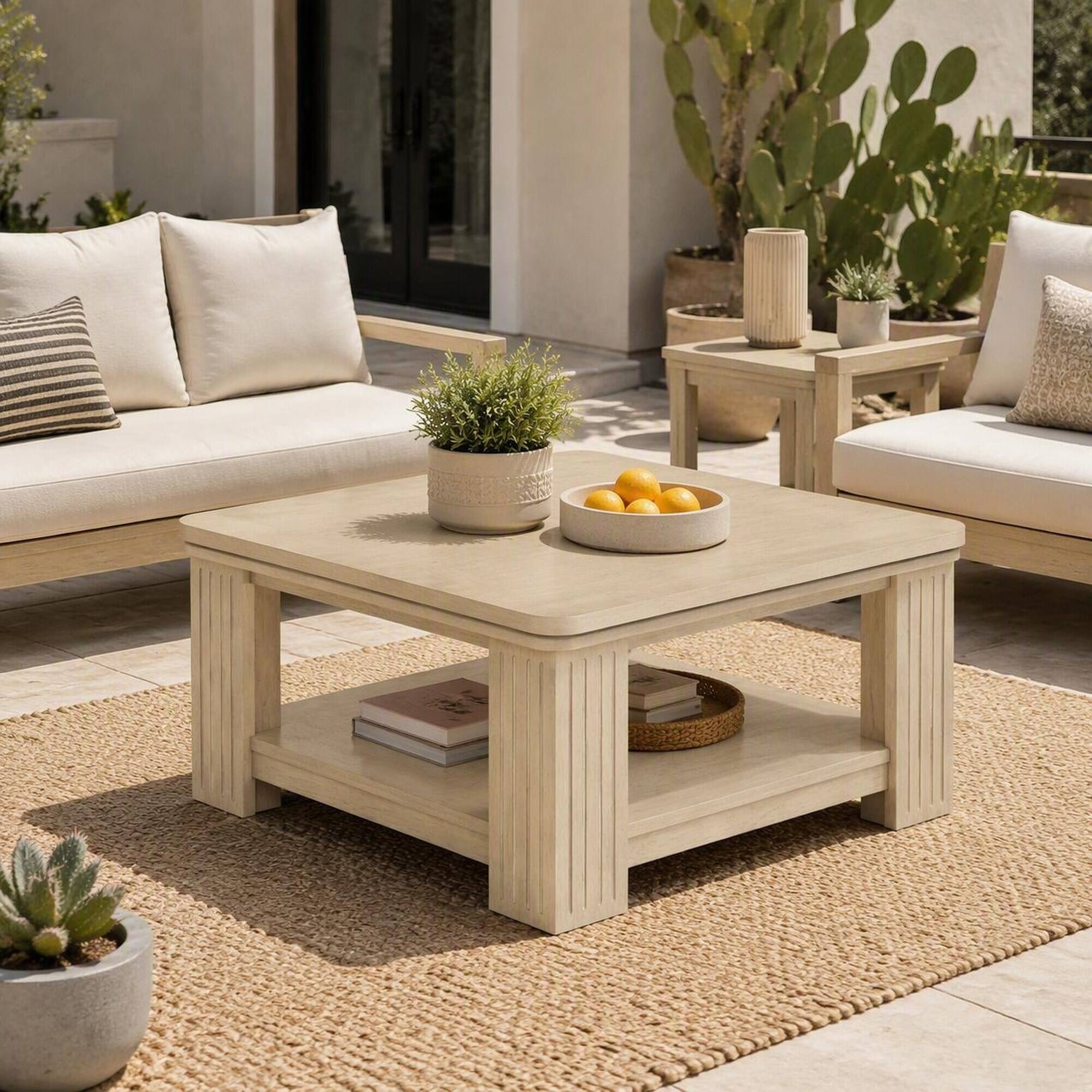 RYHNUYNE Square Coffee Table with 2 Tier Open Storage Shelf, Wood ...