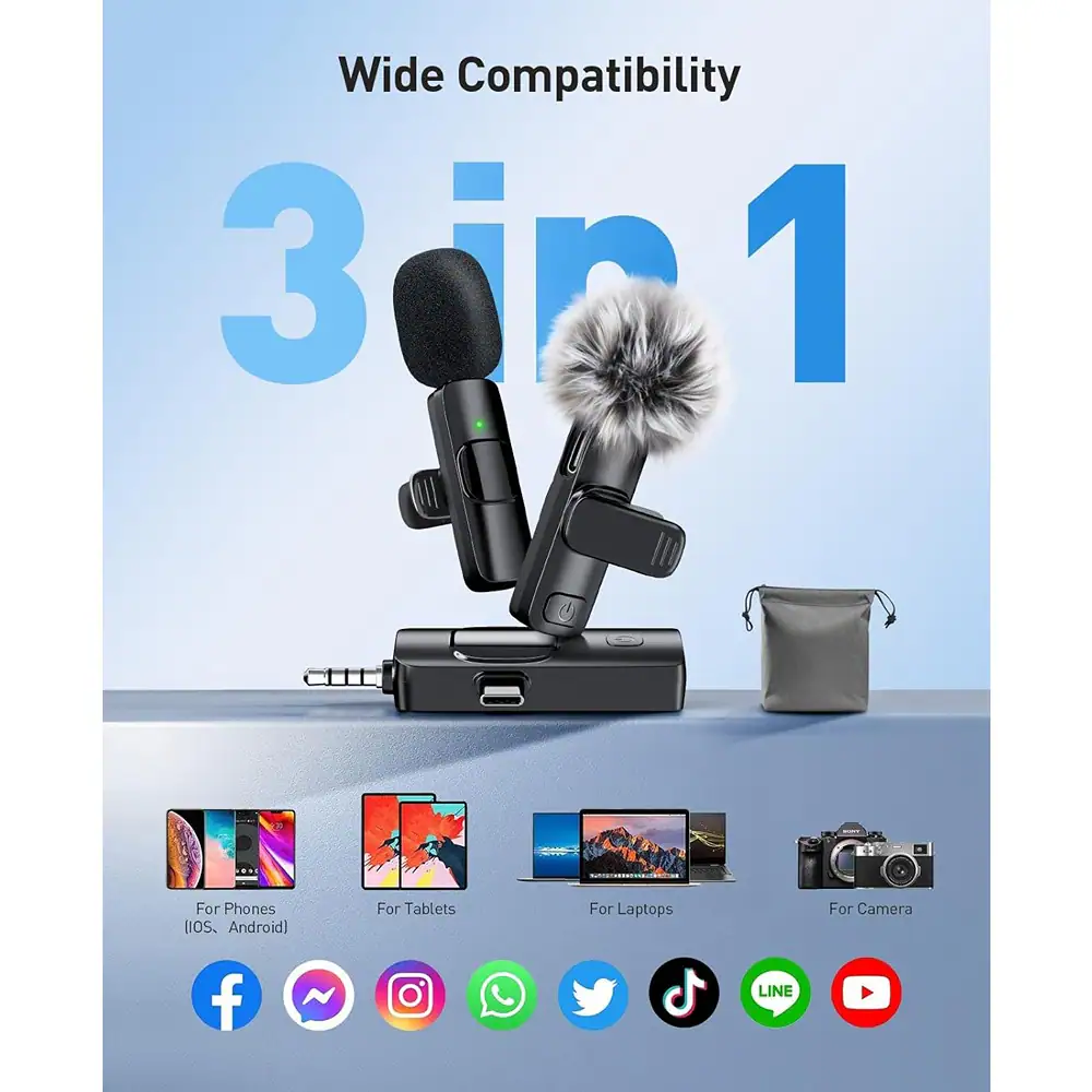 Wide Compatibility  
3 in 1  

For Phones (iOS, Android)  
For Tablets  
For Laptops  
For Camera  

Icons: Facebook, Snapchat, Instagram, WhatsApp, Twitter, TikTok, LINE, YouTube