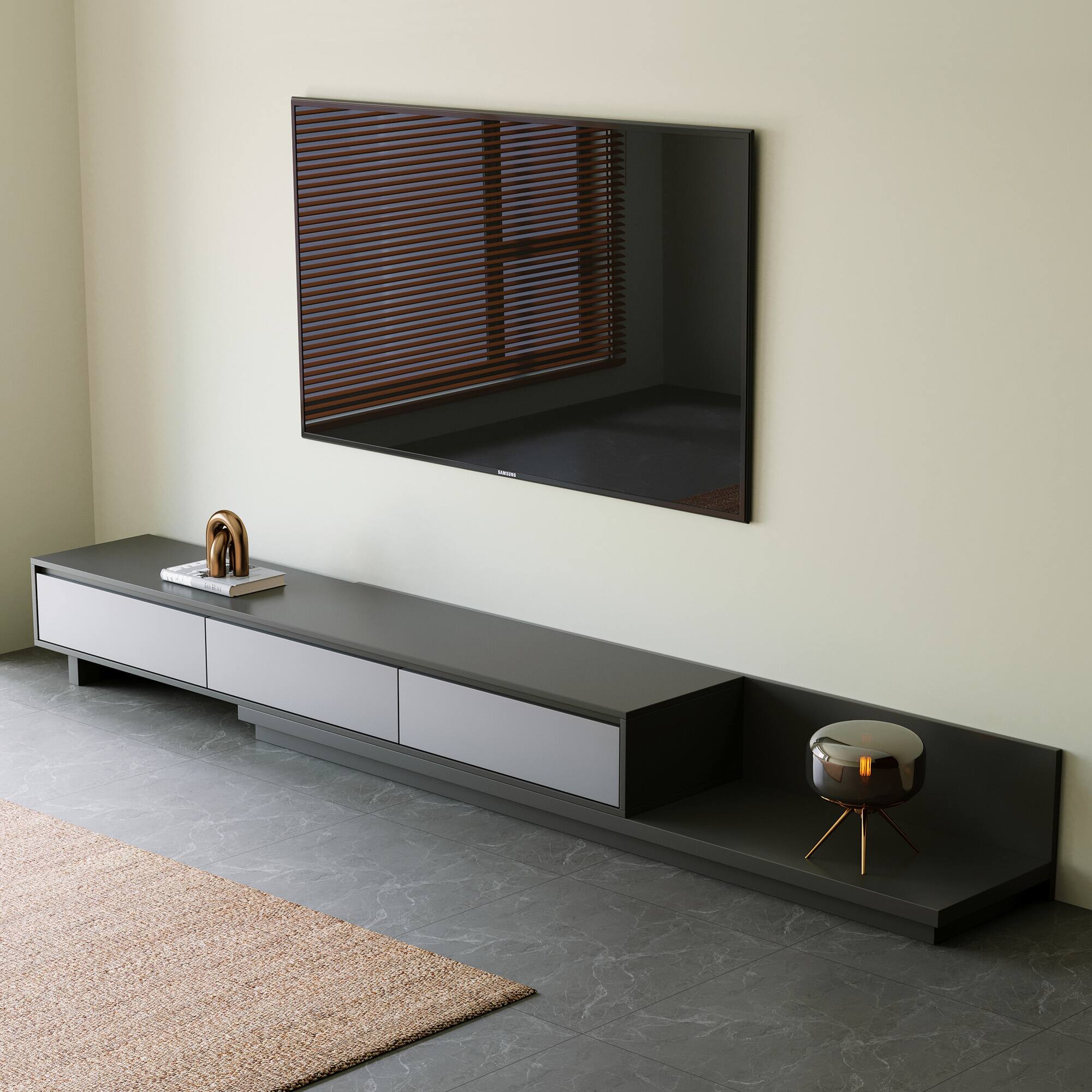 Back. luck idea - 78.7-Inch Expandable TV Stand (Max Width 141.7") - 3 Storage Drawers - Gray.