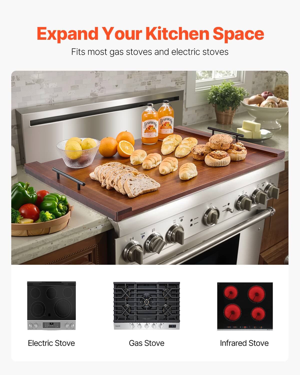 Expand Your Kitchen Space  
Fits most gas stoves and electric stoves  

Electric Stove  
Gas Stove  
Infrared Stove