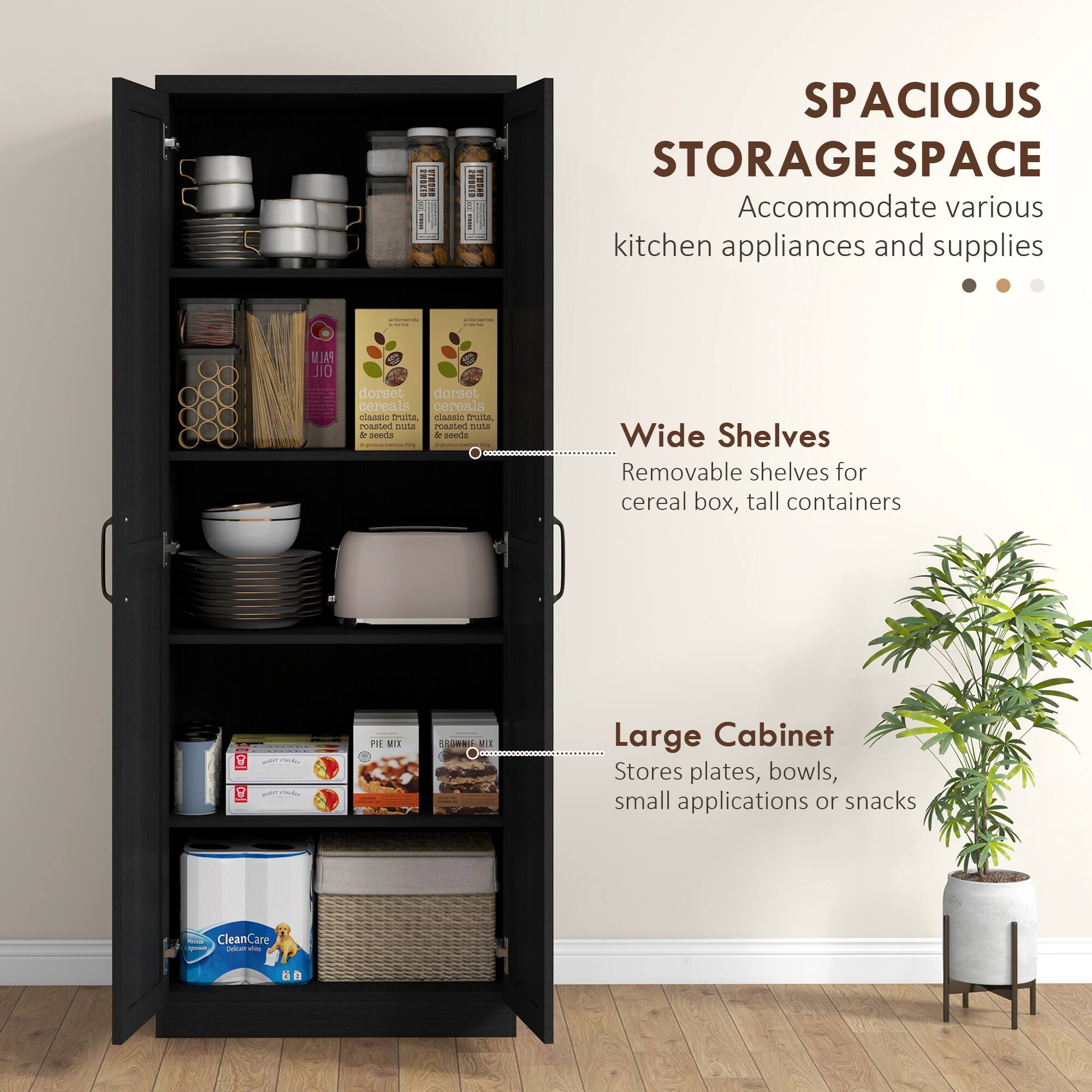 I : i I I SPACIOUS STORAGE SPACE Accommodate various kitchen appliances and supplies : ee PALM OIL dorset dorset cereals cereals STAMO EUSA ANO CIItA romated ntra mosmari nsta + sonda d soeda - | . - Wide Shelves Removable shelves for cereal box, tall containers  1 : P NIS IMI RIE Large Cabinet Stores plates, bowls, small applications or snacks CleanCare -  - B i