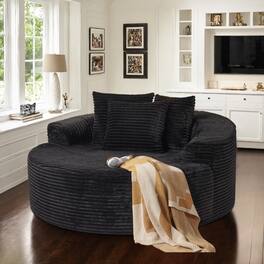 Ovios - 58" Oversized Round Chair Chaise Lounge, Plush Corduroy Fluffy Modern Sleeper Sofa Bed - Black