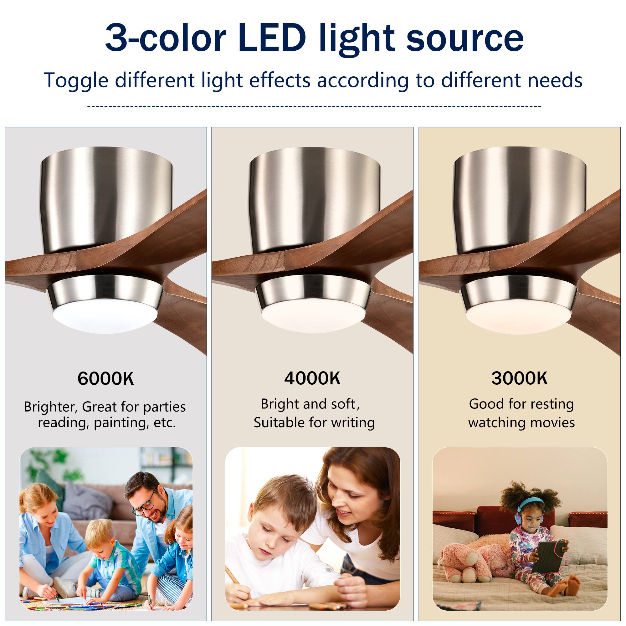 3-color LED light source  
Toggle different light effects according to different needs  

6000K  
Brighter, Great for parties, reading, painting, etc.  

4000K  
Bright and soft, Suitable for writing  

3000K  
Good for resting, watching movies