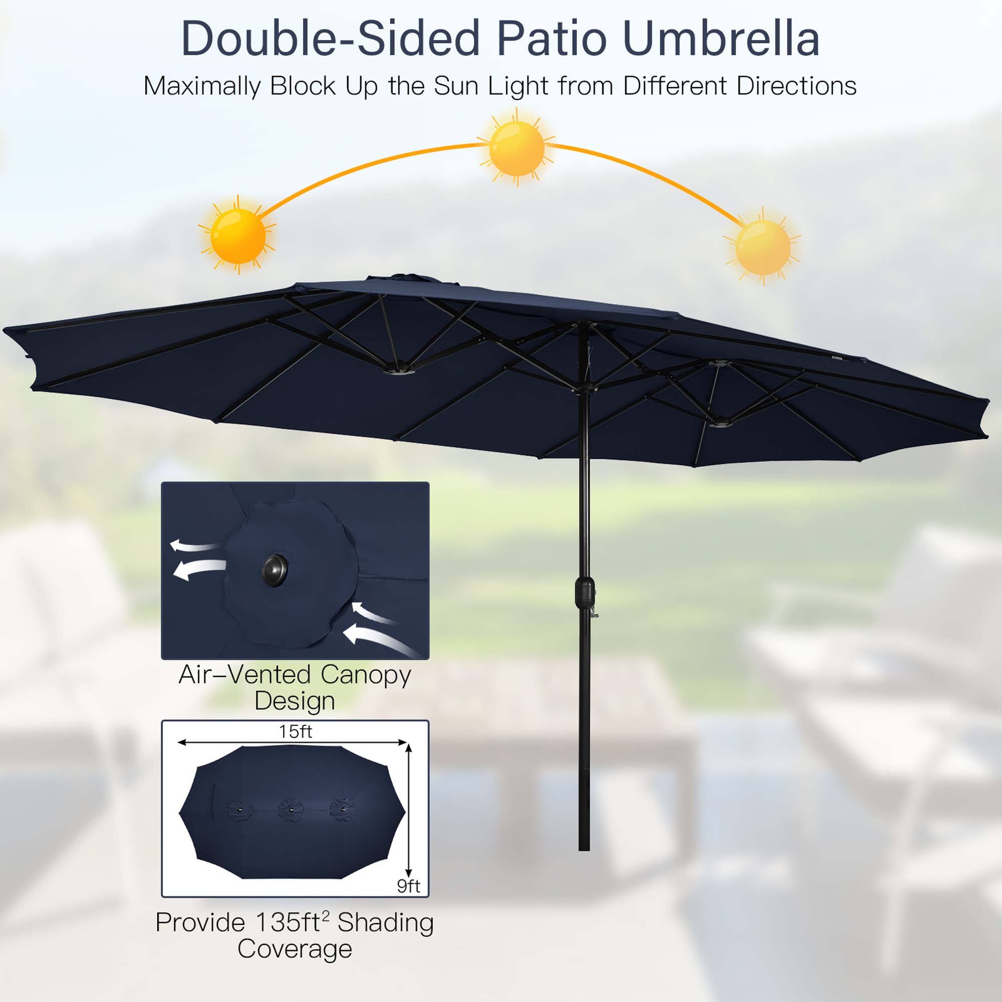 Double-Sided Patio Umbrella: Maximally Block Up the Sun Light from Different Directions. Air-Vented Canopy Design. 15ft 9ft Provide 135ft2 Shading Coverage.