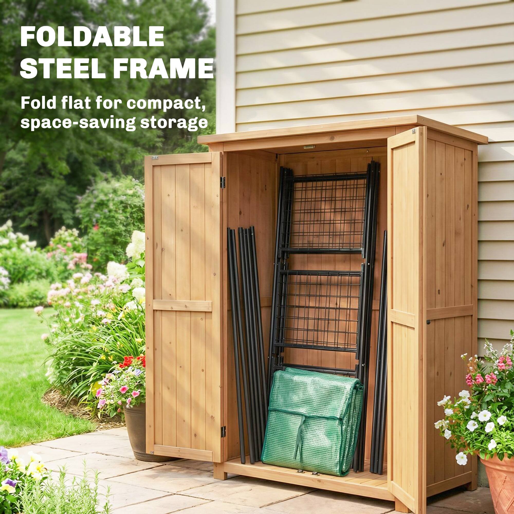 FOLDABLE STEEL FRAME  
Fold flat for compact, space-saving storage