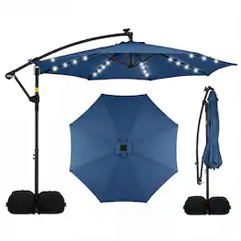 Costway - 10 FT Solar Offset Hanging Umbrella Patio Cantilever Umbrella with 32 LED Lights - Navy