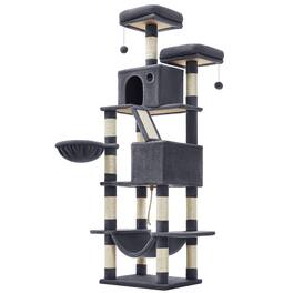 Songmics Home - Cat Tree, 80.1-Inch Large Cat Tower Condo with 13 Scratching Posts, 2 Perches, 2 Caves, Basket, Hammock, Pompoms - Smoky Gray