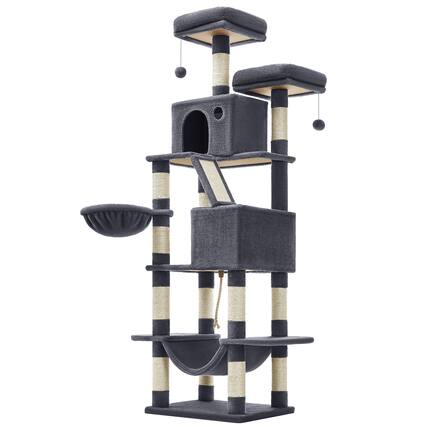 Front. Songmics Home - Cat Tree, 80.1-Inch Large Cat Tower Condo with 13 Scratching Posts, 2 Perches, 2 Caves, Basket, Hammock, Pompoms - Smoky Gray.