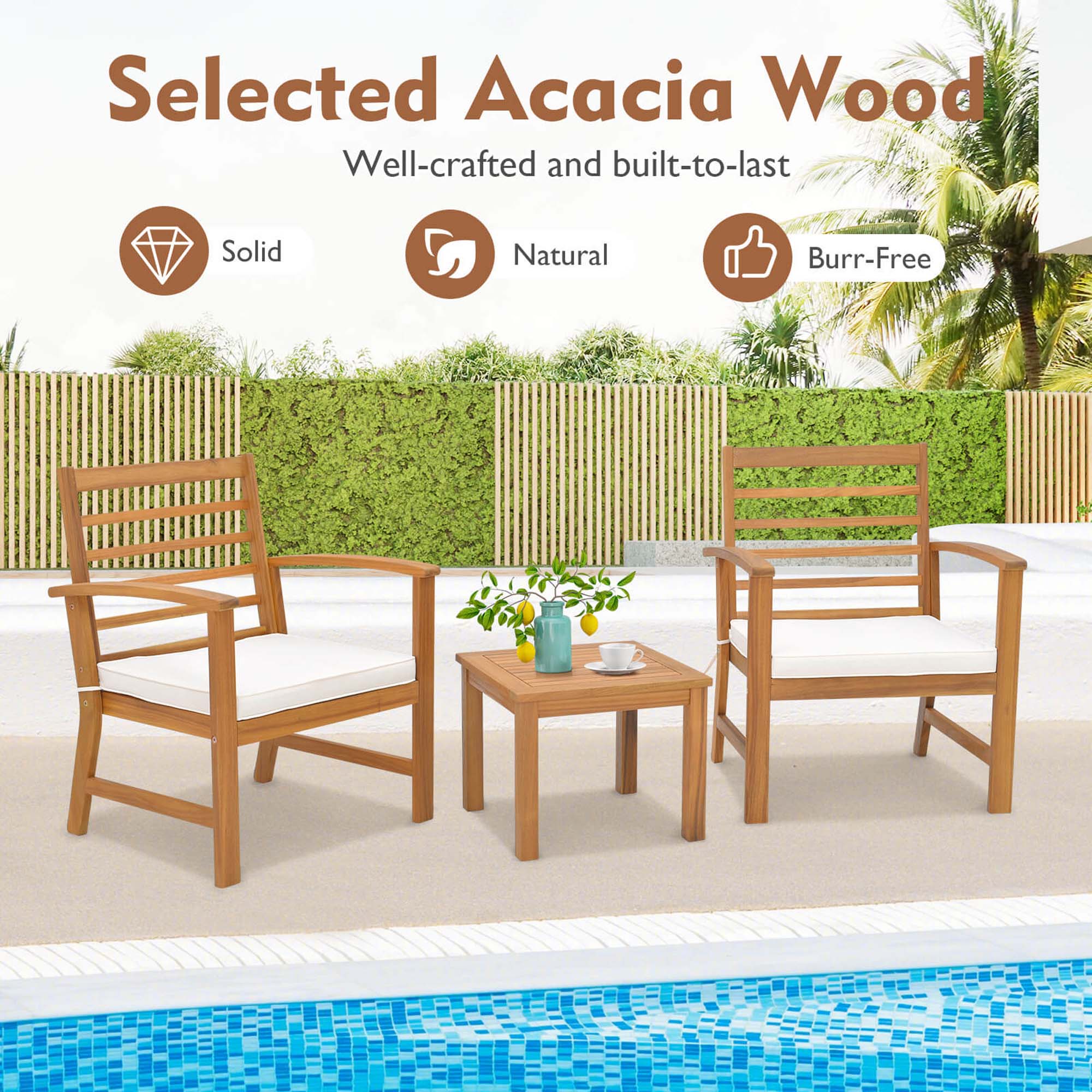 Selected Acacia Wood
Well-crafted and built-to-last
Solid
Natural
Burr-Free