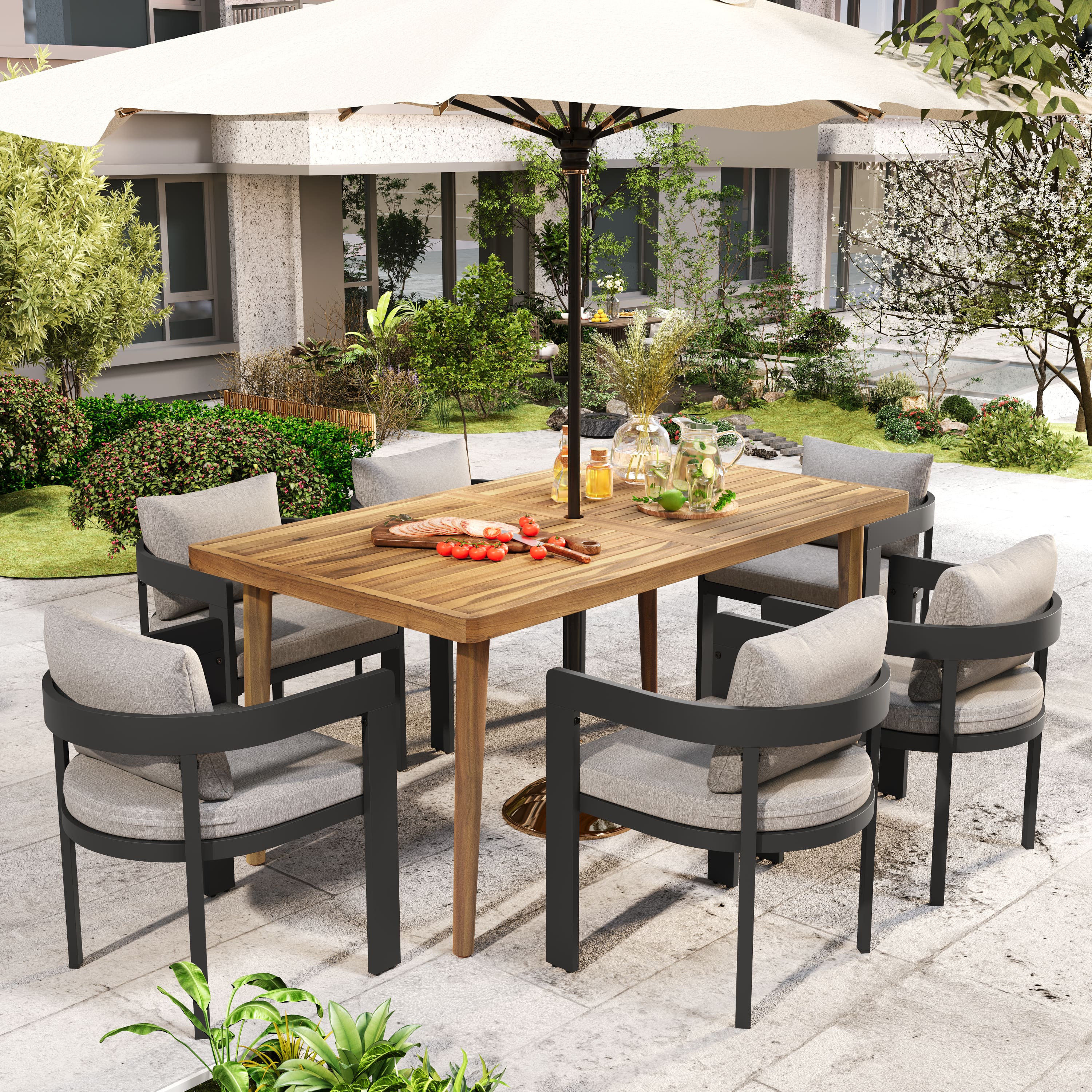 Mondawe - 7 Pieces Outdoor Patio Dining Set,6 Aluminum Dining Chair with Cushion and 1 Acacia Wood Dining Table - Teak+Black
