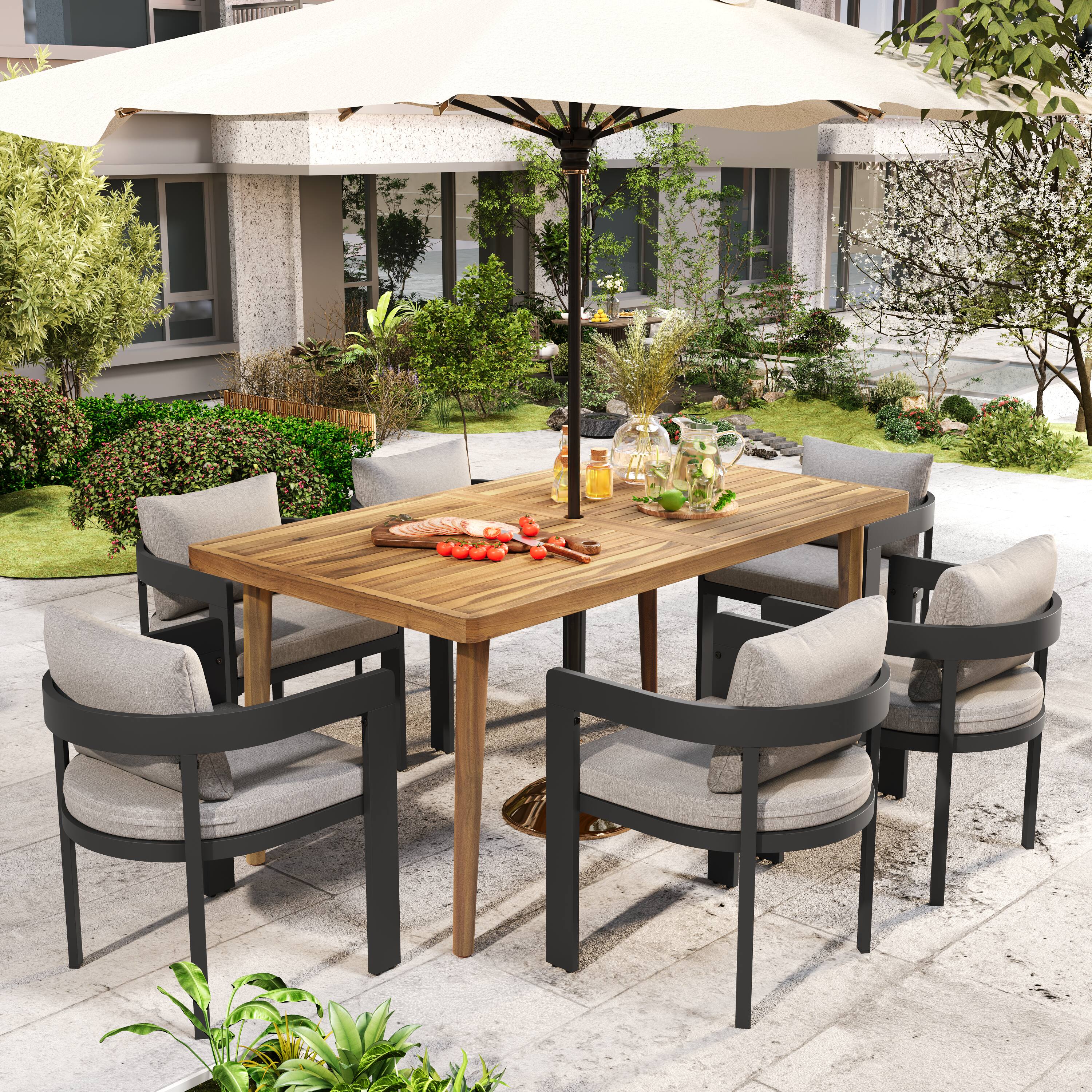Front. Mondawe - 7 Pieces Outdoor Patio Dining Set,6 Aluminum Dining Chair with Cushion and 1 Acacia Wood Dining Table - Teak+Black.