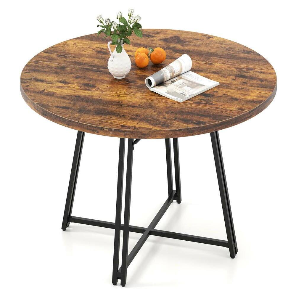 Front. Resenkos - 47" Round Farmhouse Dining Table for 6 with Cross Base, Rustic Brown - Brown.