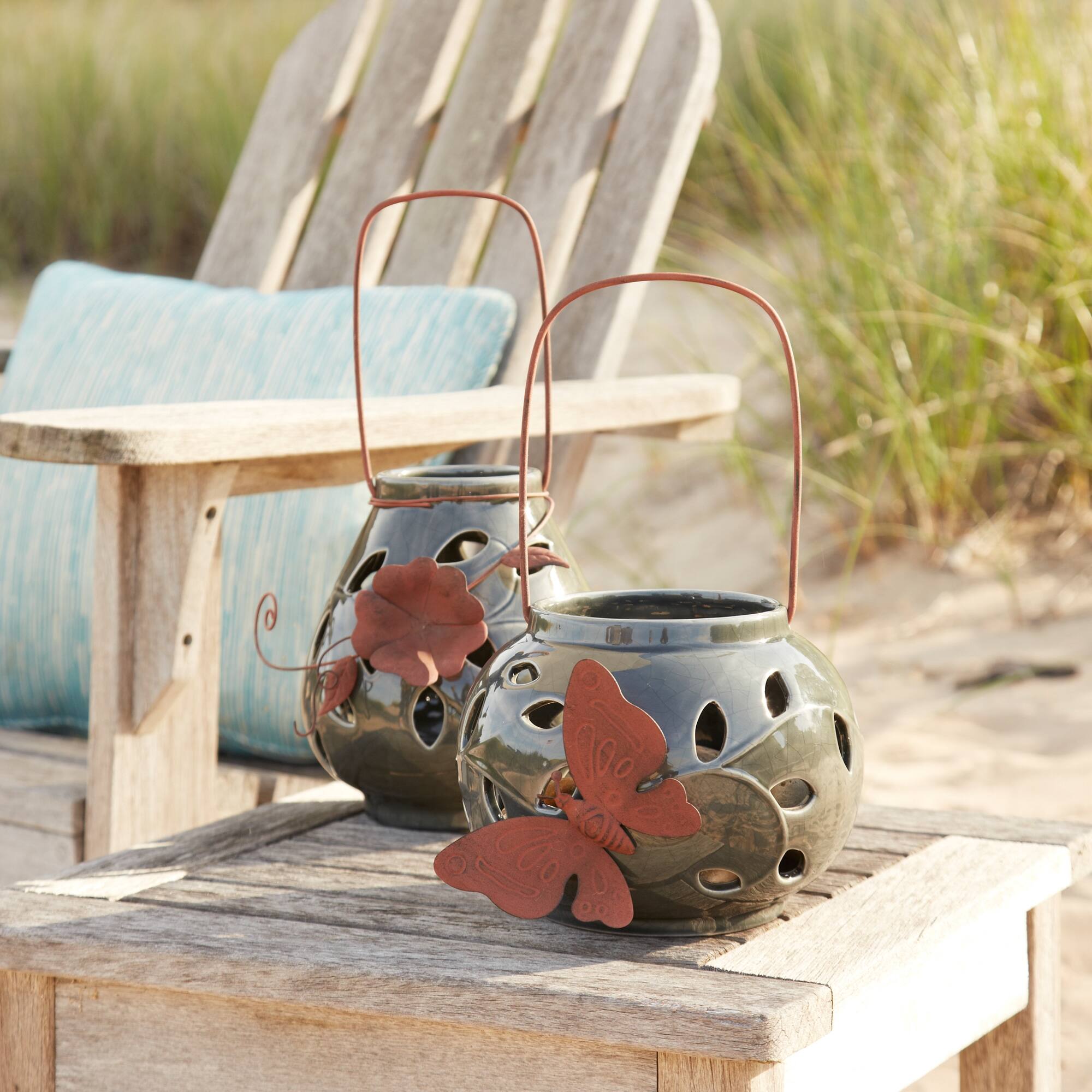 Angle. BreeBe - Ceramic Lantern Candle Holder with Metal Leaf Accent (Set of 2) - Grey.