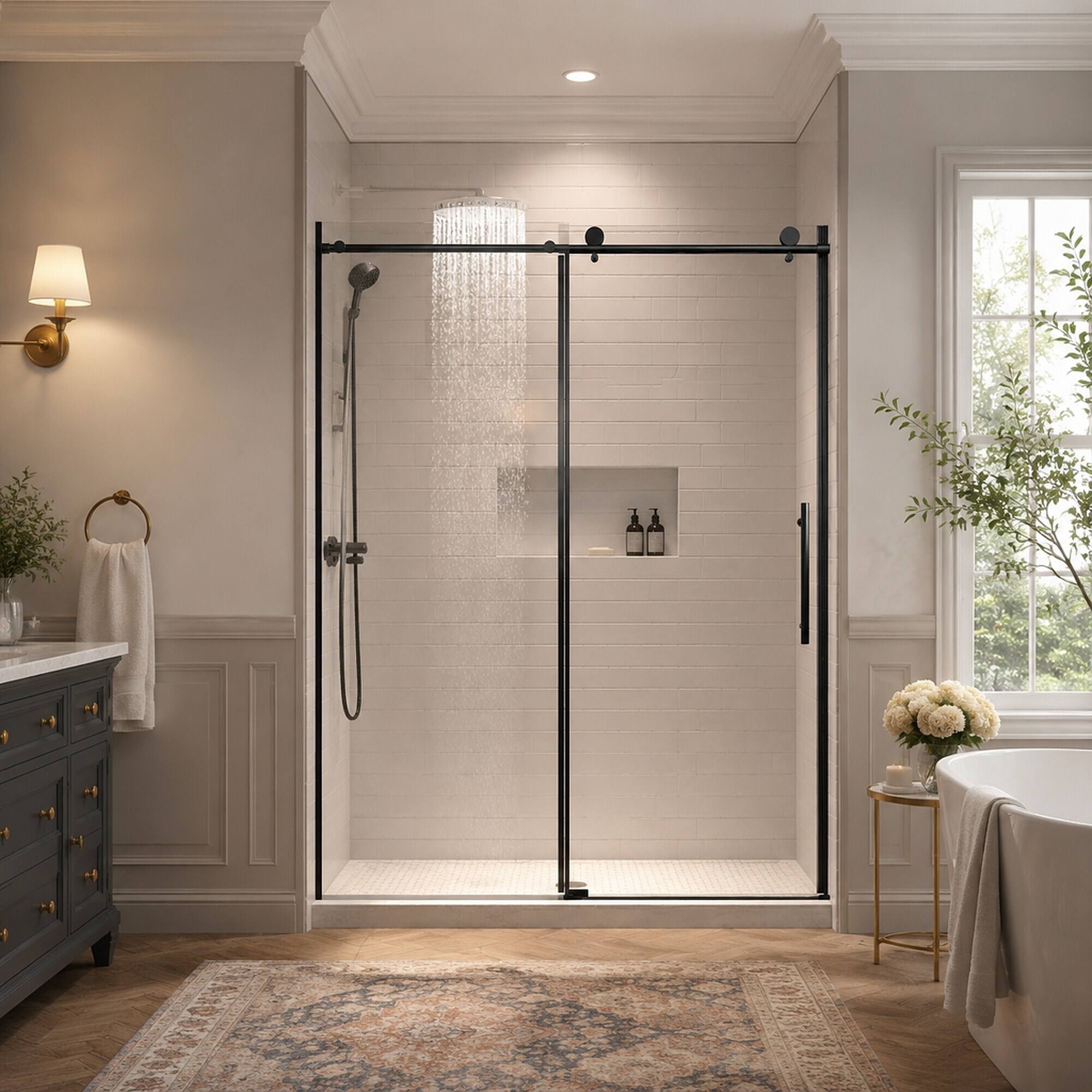 Back. RYHNUYNE - 56-60" W X 76" H Frameless Single Sliding Shower Door With 1/4" Tempered Glass, Matte Black - Black.