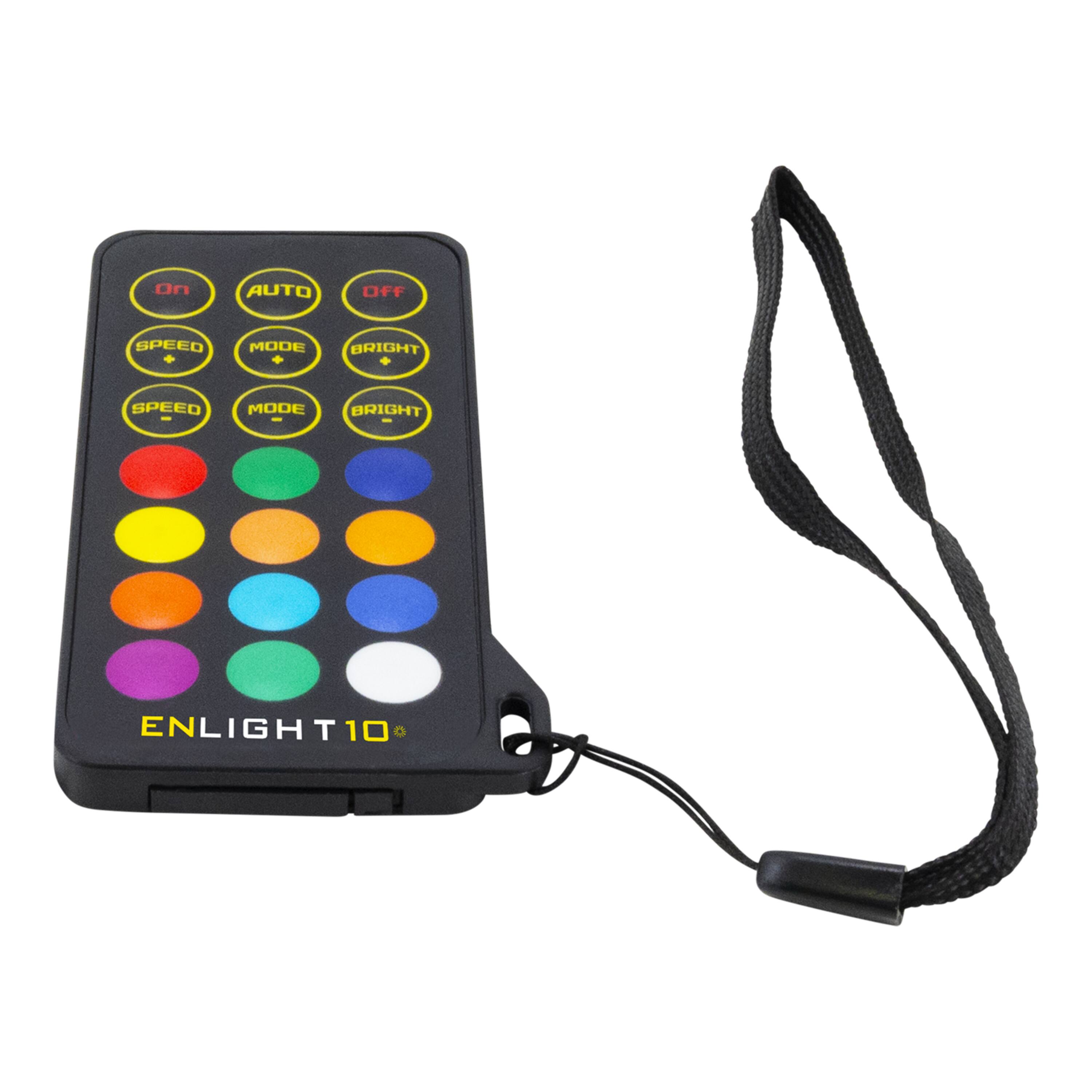 The image features a small black device with a strap, which is an Enlight10 remote control. The remote control has a row of colorful buttons, including a bright speed mode and an auto mode. The device is designed to be worn around the neck, making it a convenient and portable accessory for controlling various electronic devices.