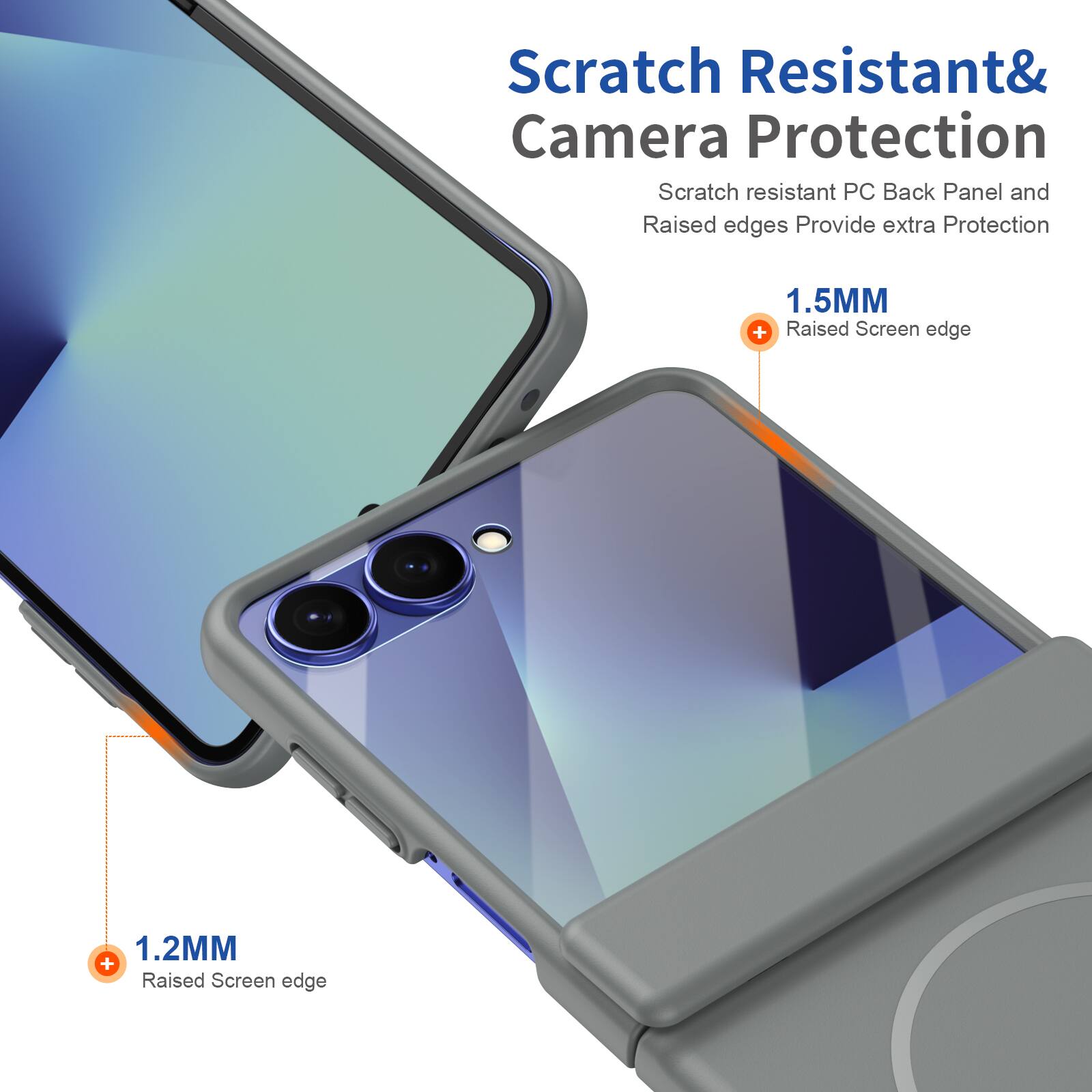 Scratch Resistant & Camera Protection  
Scratch resistant PC Back Panel and Raised edges Provide extra Protection  
1.5MM + Raised Screen edge  
1.2MM + Raised Screen edge