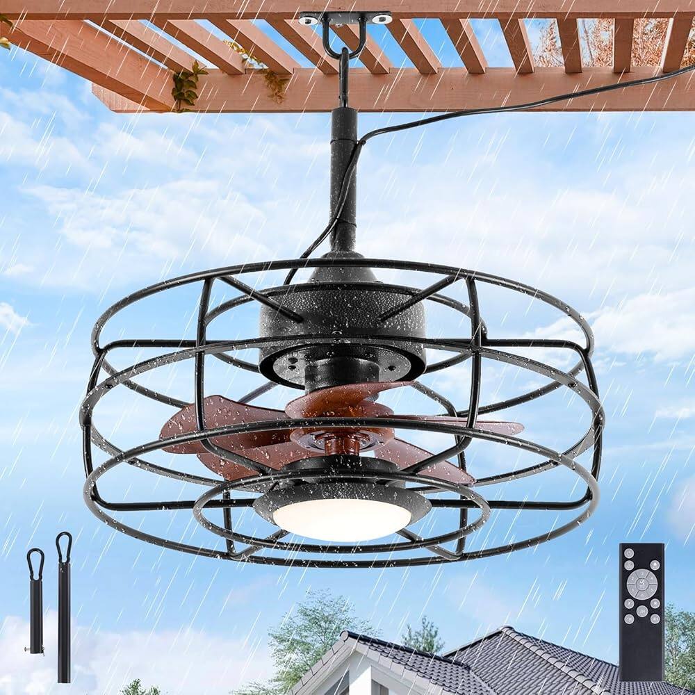 Domanki - 20" Outdoor Ceiling Fan Outdoor Waterproof, Caged Ceiling Fan with 3 Color LED Light, Plug in Ceiling Fan with Hook - Black